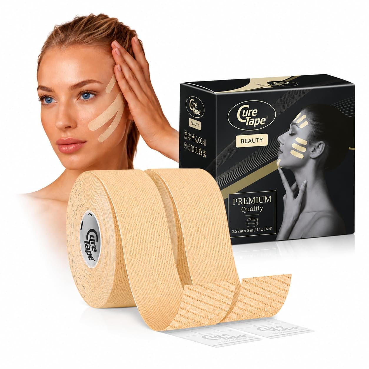 CureTape Beauty Kinesiology Tape 2.5 cm 2 Rolls | Anti-Wrinkle and Facelift | Toning, Firming and Tightening Skin | Soft, Waterproof, Ideal for Face and Sensitive Skin