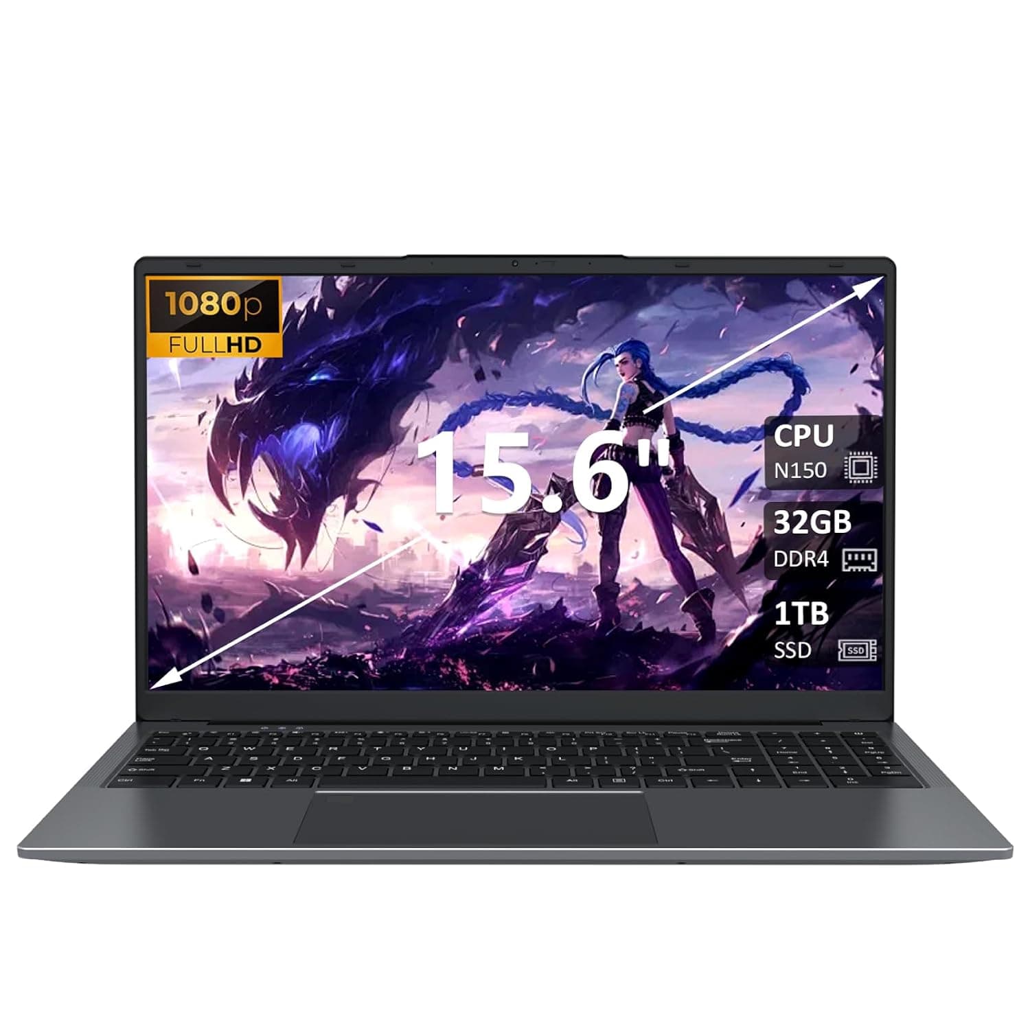 32GB RAM Laptop Computer with 1TB NVMe SSD, Intel N150 Quad-Core Processor(Up to 3.6GHz), 15.6" FHD IPS Display, 8000mAh Battery, Backlit Keyboard, Privacy Webcam, Fingerprint Unlock, Win11 Pro