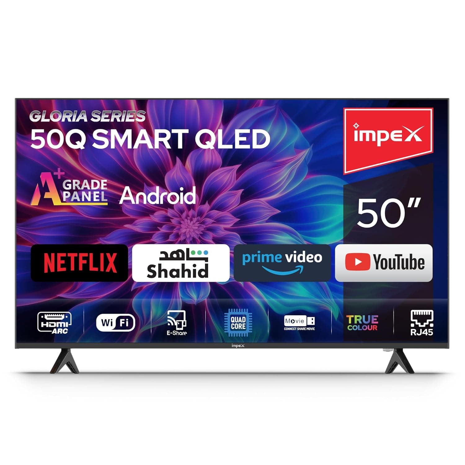 تلفزيون ذكي 50 بوصة FHD QLED من امبيكس (جلوريا 50Q) - اندرويد 14، 8GB/1GB، رباعي النوا، بث تلفزيون، 2 HDMI، 2 USB، ار جيه 45، زاوية عرض 176 درجة، توفير الطاقة الذكية، A+ زيرو برايت