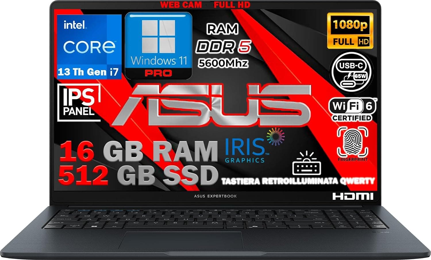 ASUS ExpertBook 15.6" Intel Core i7 13th Gen 10-Core Notebook up to 5GHz, 16GB RAM DDR5, 512GB SSD, Win11 Pro, WiFi6E, Thunderbolt, HDMI, Backlit Keyboard, QWERTY, Fingerprint