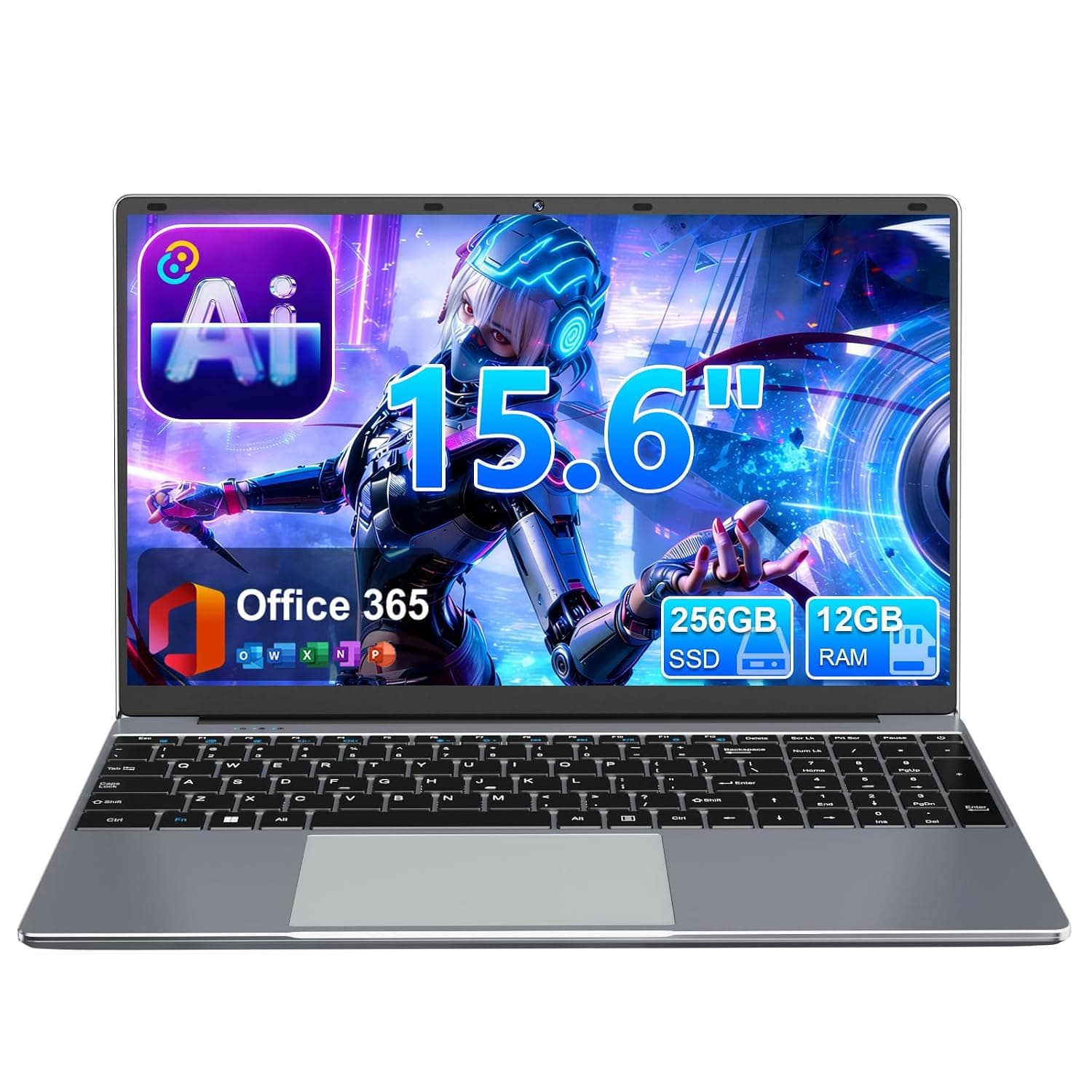 15.6" IPS FHD Student Laptop with AI Assistant Included, 1 Year Office 365, J4105 Processor(Beat Celeron 5205U), 12GB RAM 256GB SSD, 180° Viewing, USB-C(Charging, Data, Display), 53.2Wh