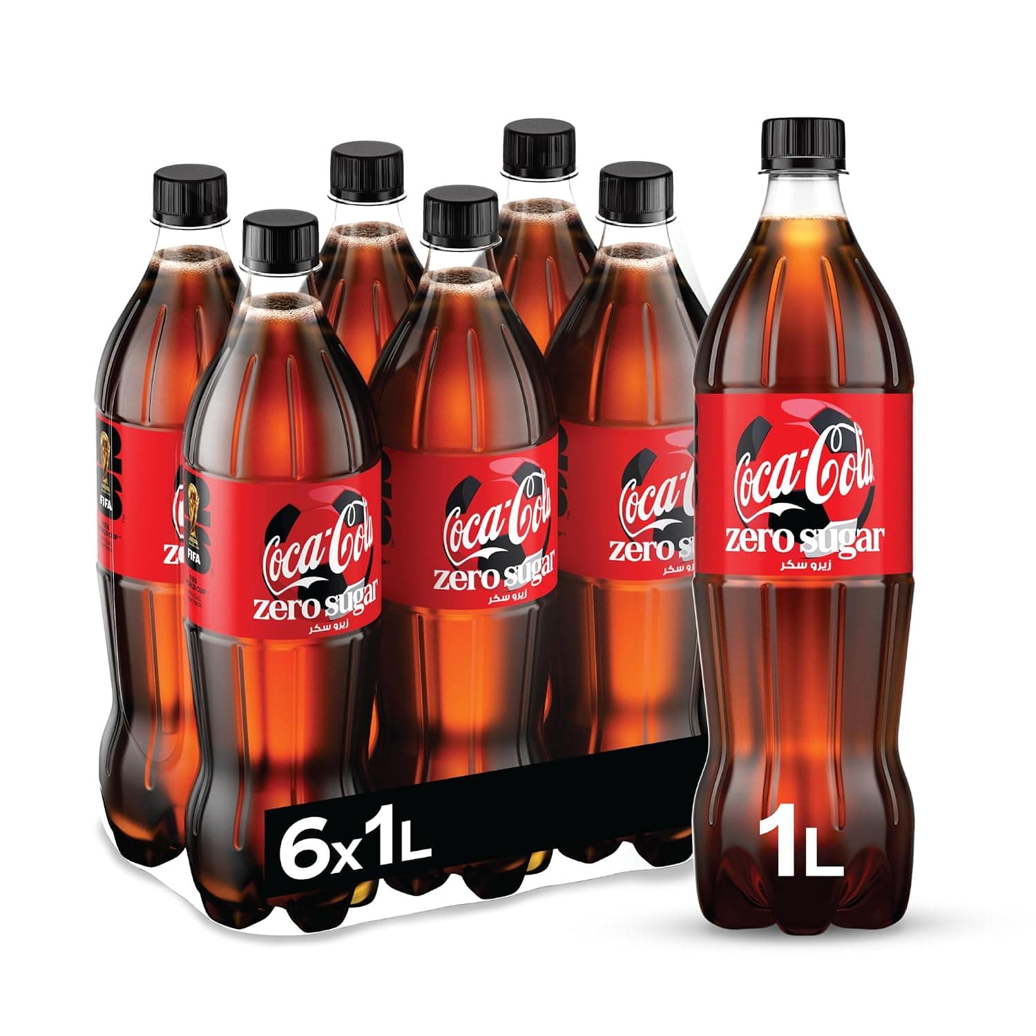 Coca Cola Regular Carbonated Soft Drink, Plastic Bottles, 6 x 1 Ltr, Red | Limited Edition Coke Zero Soft Drinks, Zero Sugar, Perfect for Match Days and Sharing Moments