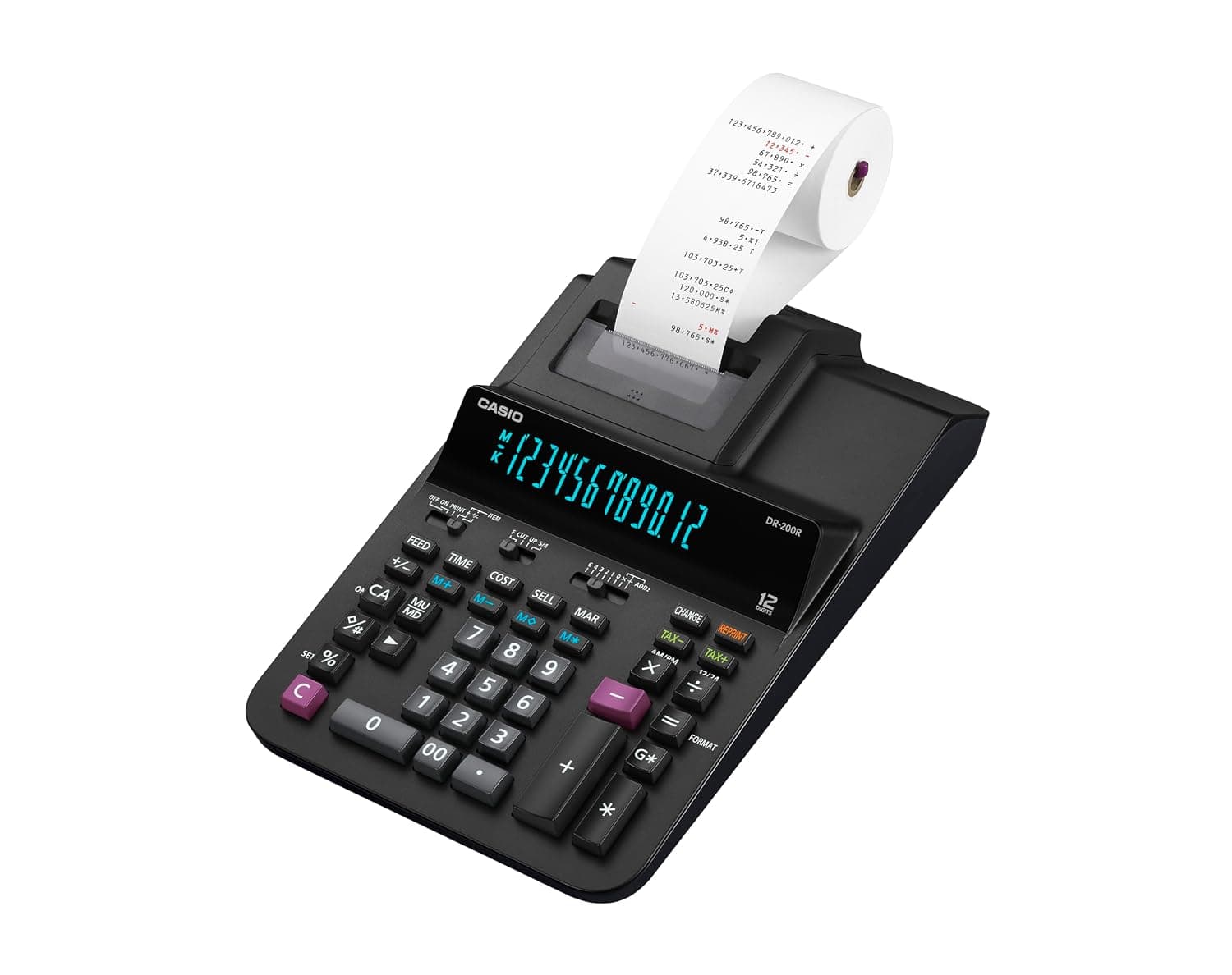 Casio DR-200R-BK Printing Calculator, 2-Color, 12-Digit, Black | 12-digit luminous display, 2-color print, 4.4 lines/sec; ideal for professional business use