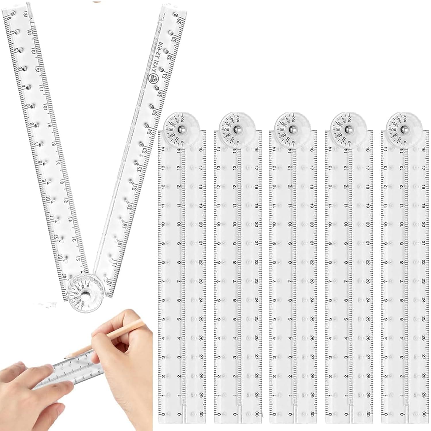 YelaJoy 6 PCS Folding Rulers, Clear Foldable Tool with Protractor, Flexible Measuring Device, 180 Degree Angle Scale, Compact Design for School Geometry, Office Drawing, Drafting Work
