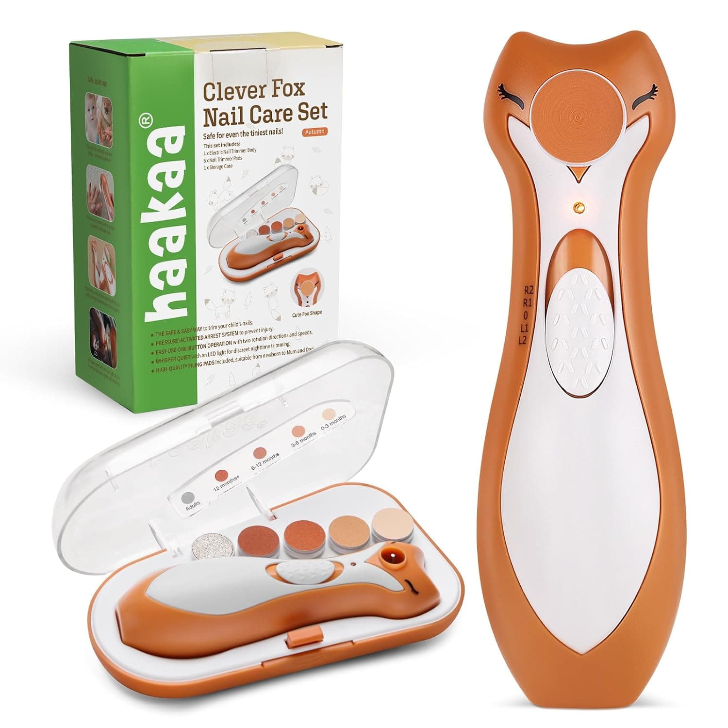 haakaa Electric Baby Nail Clippers for Newborns/Toddlers/Children/Adults, Electric Baby Nail File with 6 Replacement Heads & Storage Case, Safe & Easy Clever Fox Baby Nail Trimmer Electric | Electric Baby Nail File with Adjustable Speed & Direction, LED Light, Quiet Motor and Safety Control for Gentle Nail Care