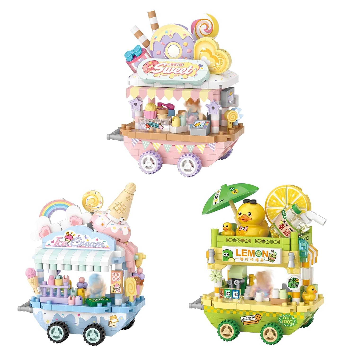 MEIEST 3 Packs Food Stand Cart Building Block Set,Street View Collection Particle Construction Building Bricks Toy,Home Decoration
