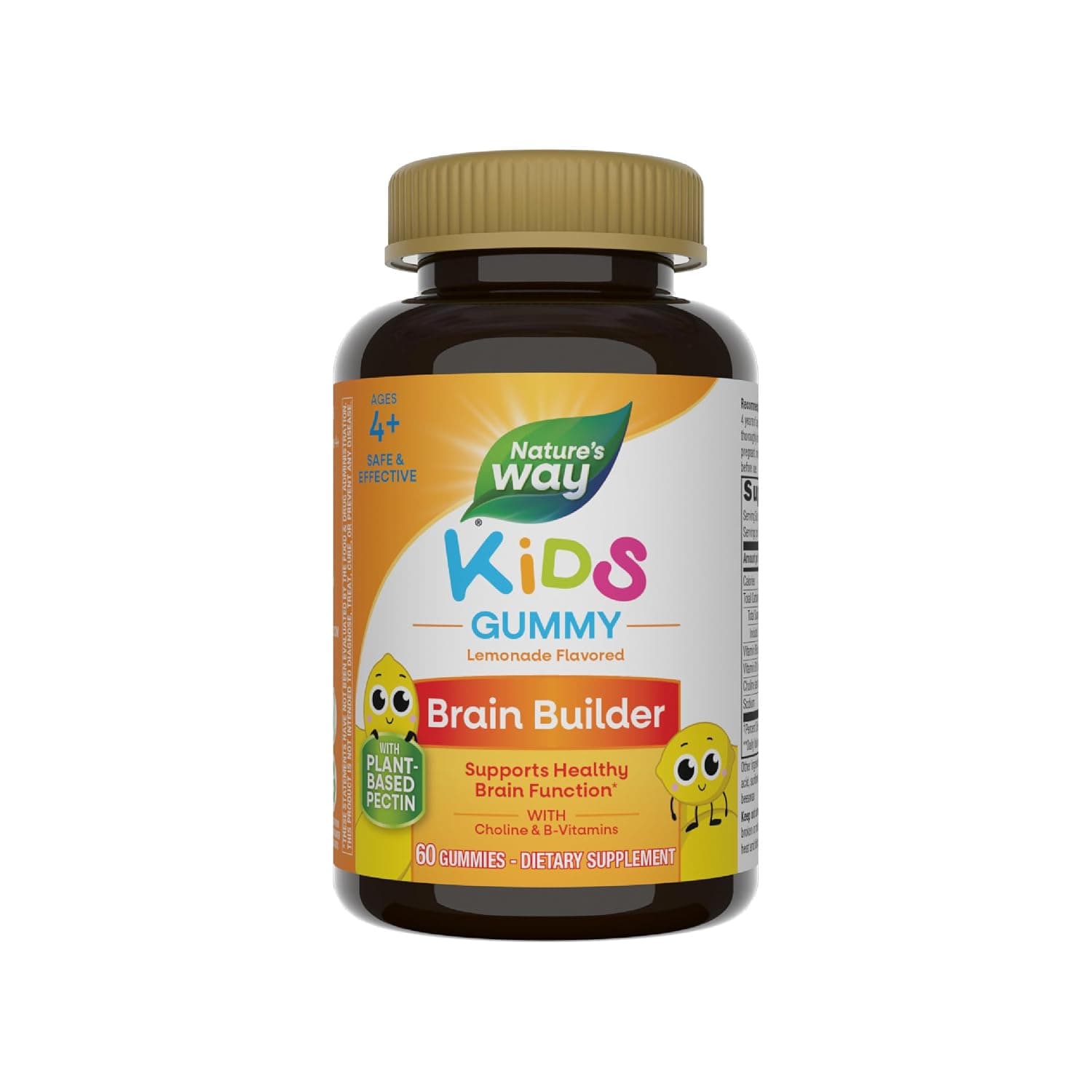 Nature's Way Kids Brain Supplement Gummies, Supports Healthy Brain Function*, Lemonade Flavored, 60 Count | Supports Healthy Brain Function*, with Choline and Phosphatidylserine, B-Vitamins for Children, Gluten-Free
