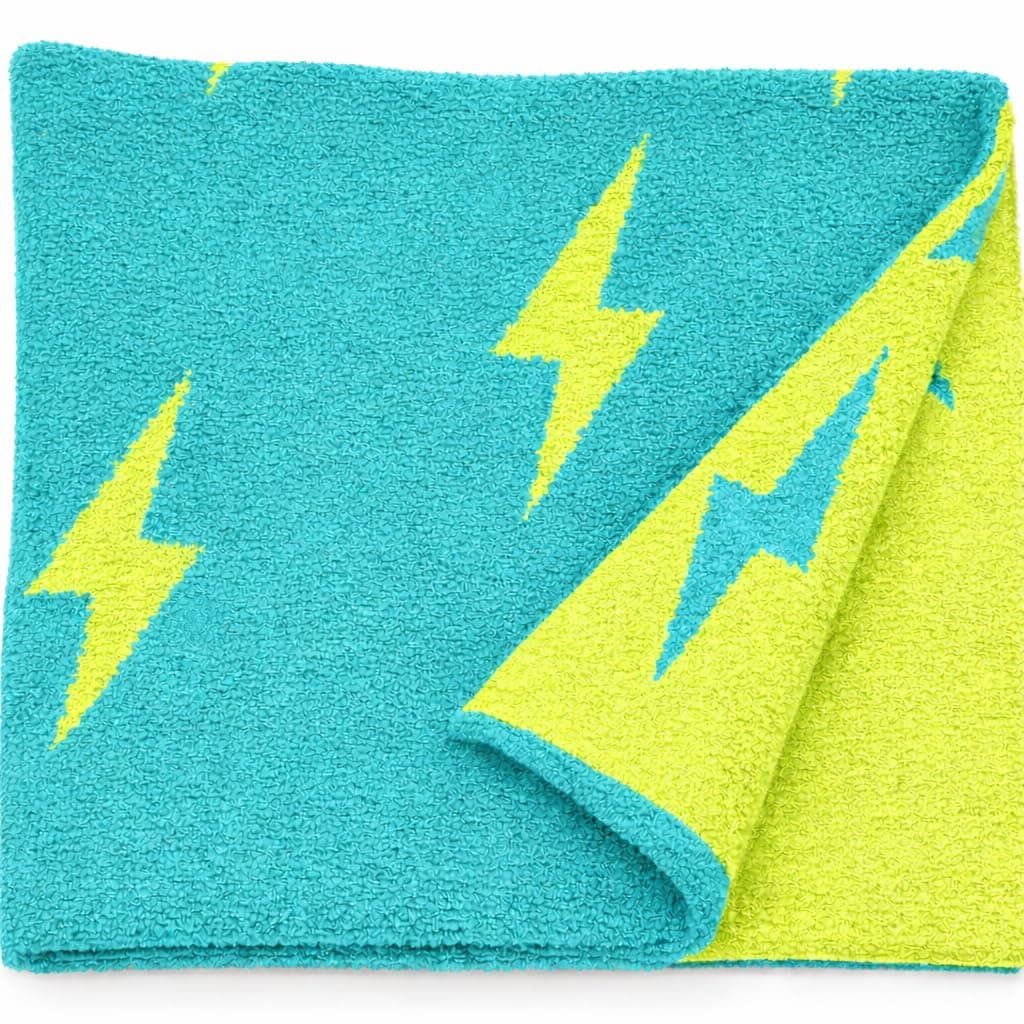 Lightning Bolt Baby Blanket 28"x40" with Leather Patch - Soft Knitted Throw - Receiving Blanket/Newborn Gift Essential for Nursery (Teal/Green)