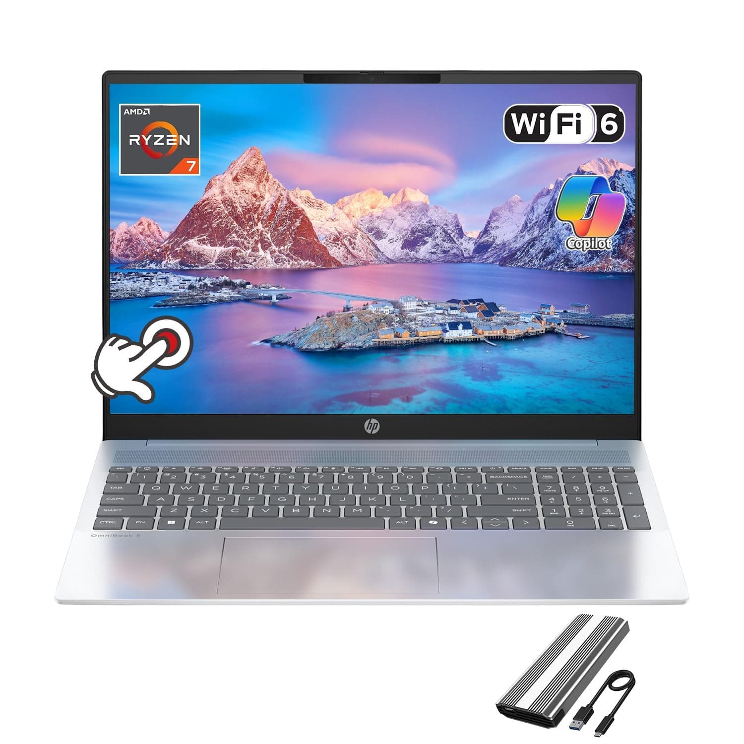 HP Omnibook 5 16" Copilot+ AI Laptop - AMD Ryzen AI 7 (50 Tops) - 2K (1920 x 1200) Touchscreen - Backlit Keyboard - 16GB Memory - 1TB SSD – Windows 11 – W/128GB Portable SSD