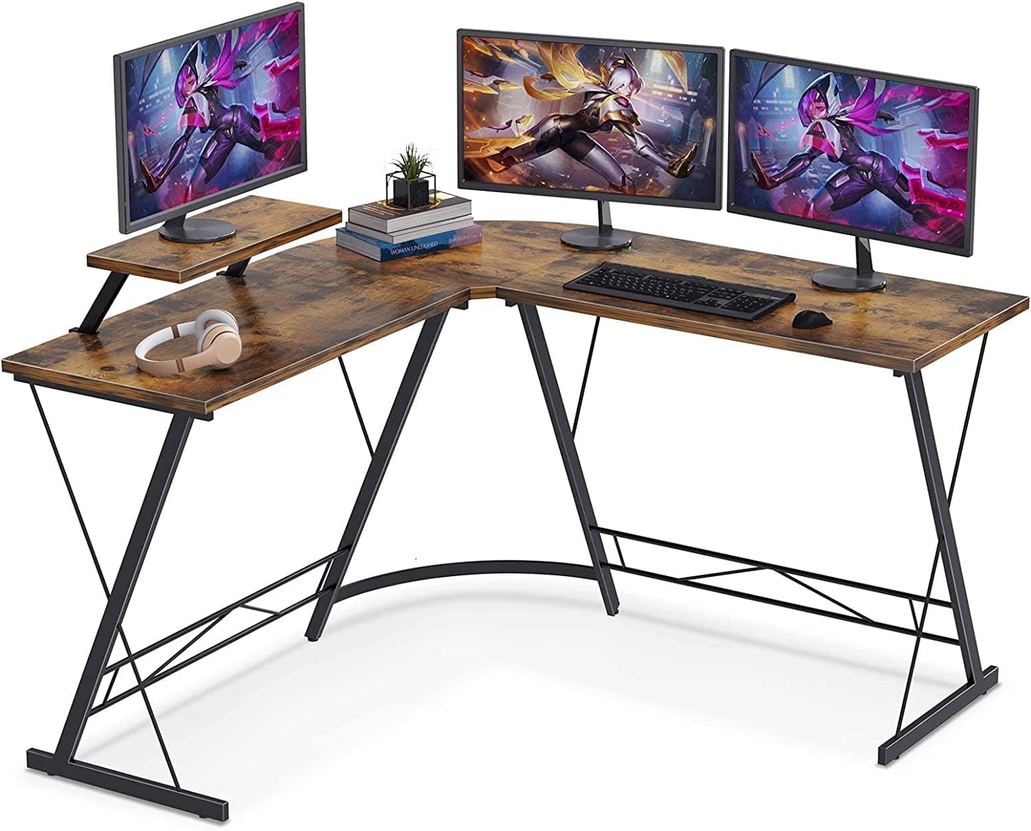 SKY-TOUCH L-Shaped Computer Corner Desk,Home Office Gaming Desk,with Round Corner and Shelf & Monitor Stand,Sturdy Writing Workstation for Home Office,50.8*50.8*28 Inch, Brown(User Inastall Manual)