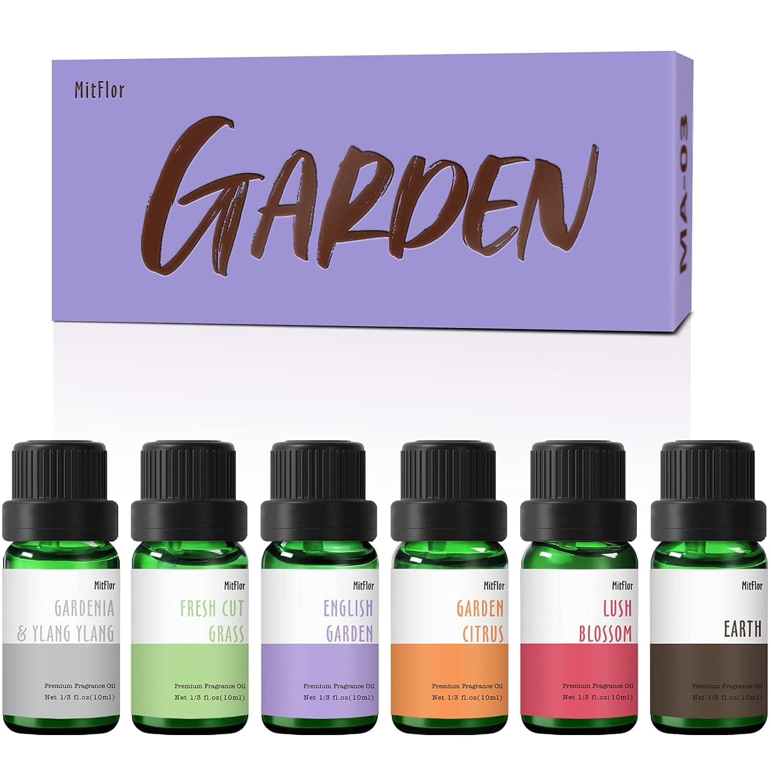 MitFlor Garden Set of Fragrance Oils, Premium Scented Oils for Diffuser, Soap & Candle Making Scents, Aromatherapy Oils Gift Set, Lush Blossom, Fresh Cut Grass, Earth and More, 6x10ml