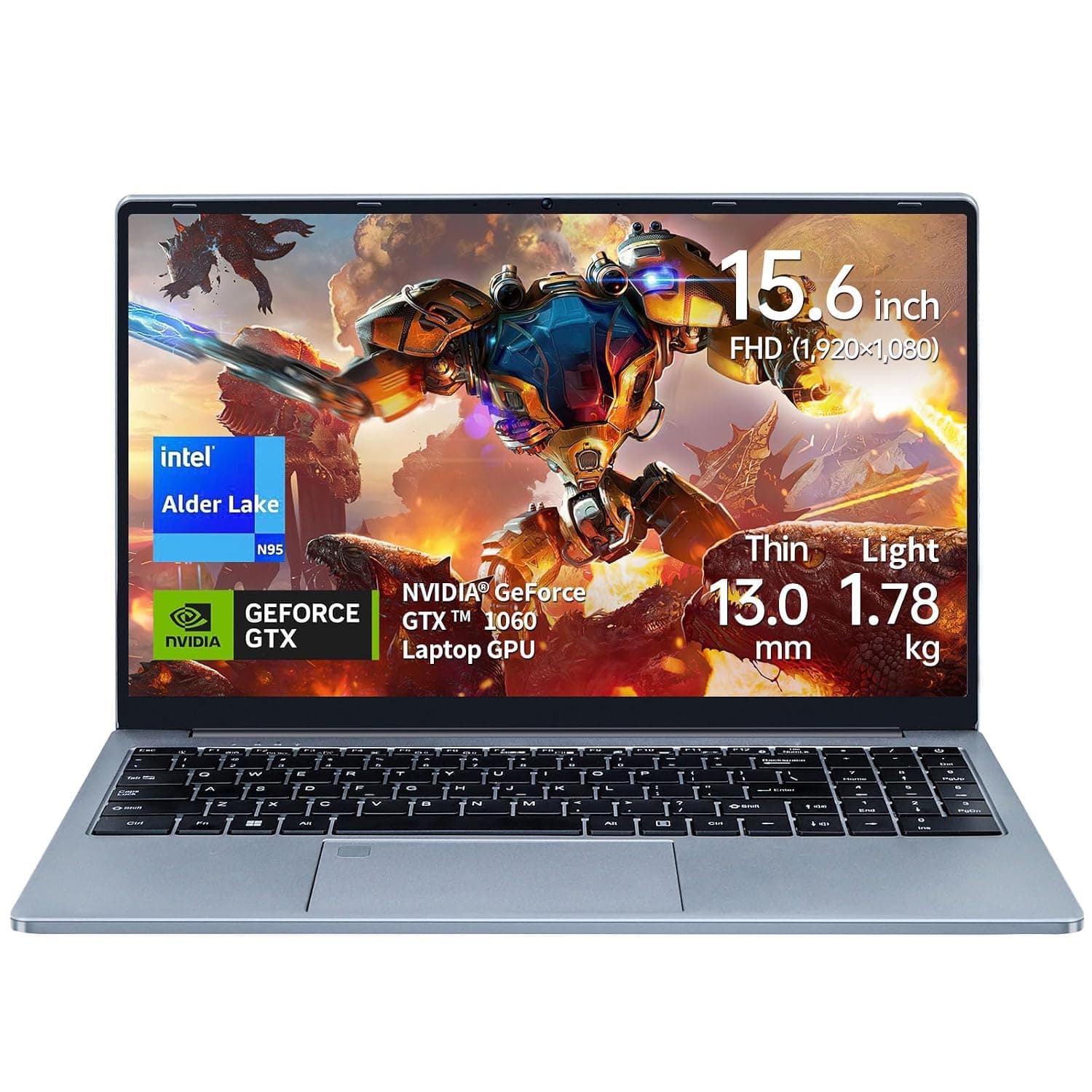15.6 inch Narrow Border Laptop, Celeron N95 UHD + GTX 1060 4GB,16G DDR4 Quad-Core,1920x1080 FHD IPS, Backlit Keyboard,Fingerprint Unlocking (Gray, 16GB+512GB SSD)