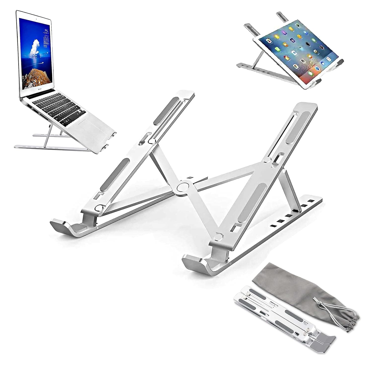 XPOWER® Aluminium Laptop Stand for Desk, 6 levels Adjustable Portable Aluminum Laptop Holder, Anti Slip Laptop Riser Compatible with MacBook Pro Air, Dell, Asus, HP & Asus Laptops from 10-15.6" Silver
