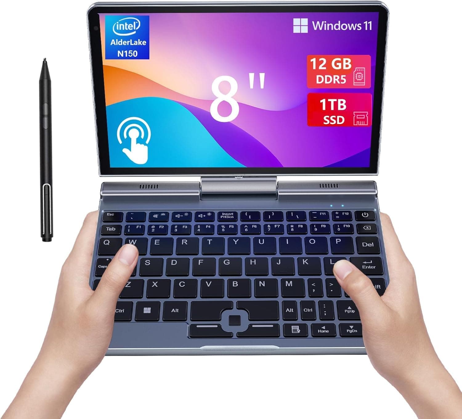 KOOFORWAY Mini Laptop 8 inch HD Touchscreen Portable, Win 11 Pro Small Gaming Laptop, N100 12 GB LPDDR5 512 GB M.2 SSD, Wi-Fi 6, BT 5.2 2 MP Camera, G-Sensor, HDMI, Type C (ZXLH-P8-12GB-1TB)