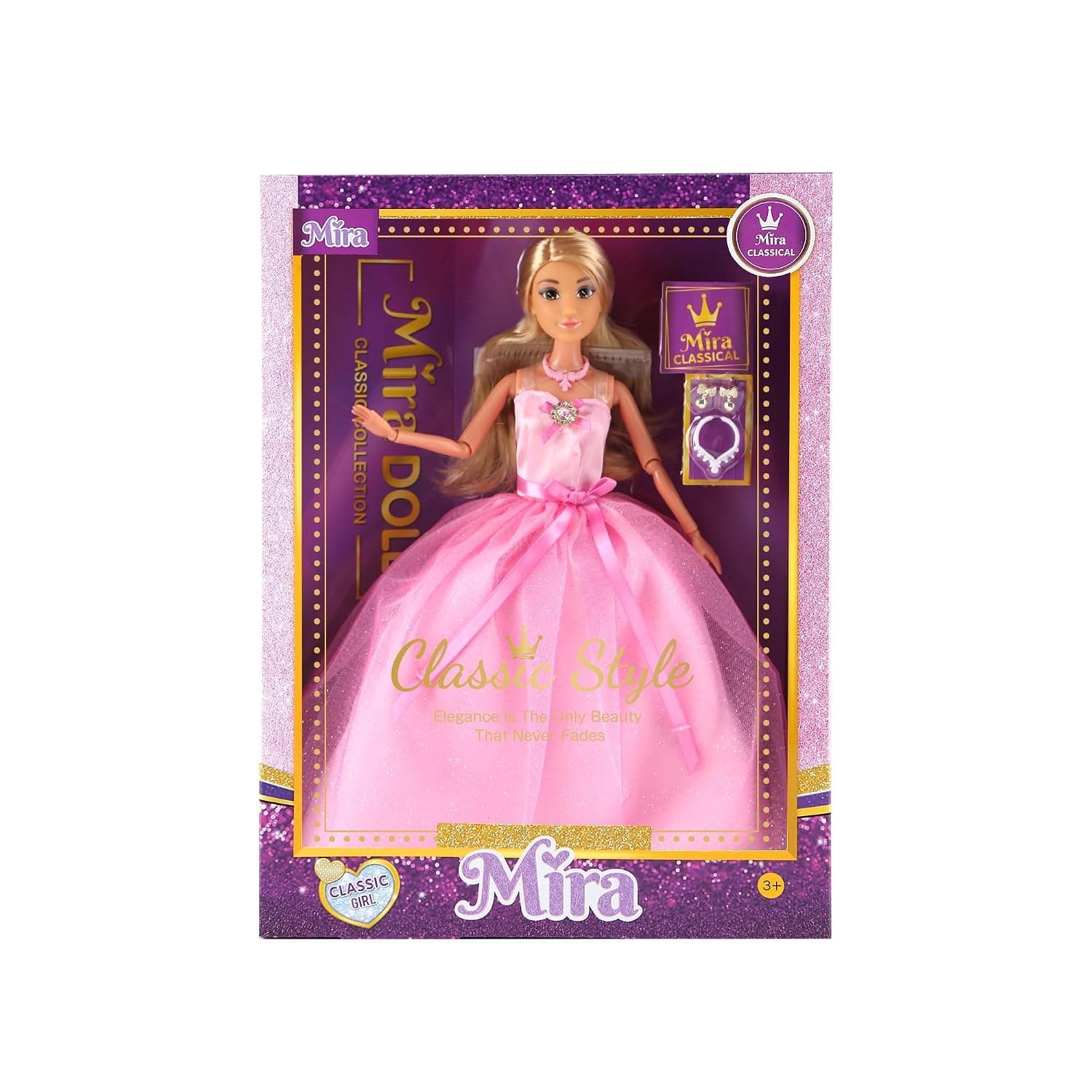Mira Fashion Classic Doll – 11.5” Poseable Doll in Elegant Pink Gown with Accessories – Stylish Princess Look – Perfect Gift for Girls