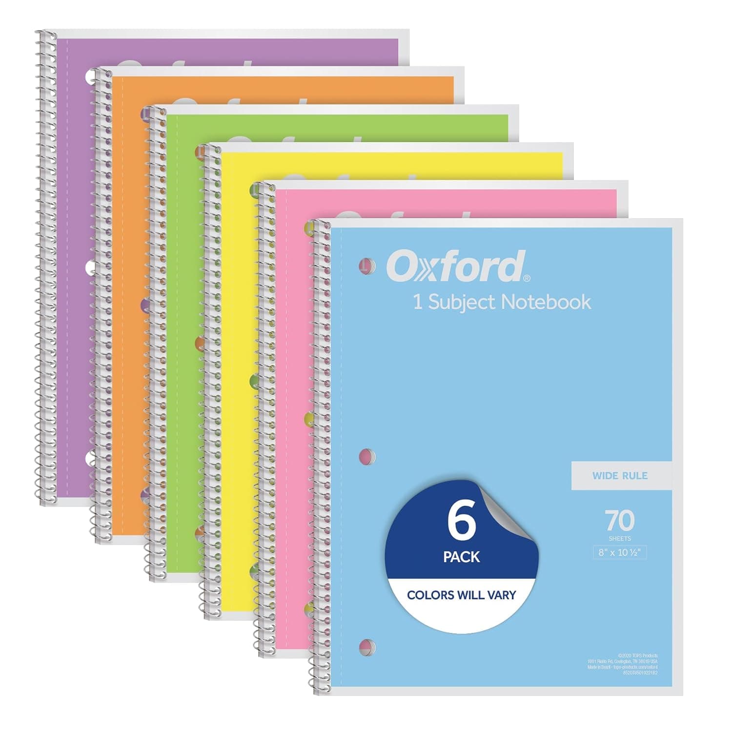 Oxford Spiral Notebook 6 Pack, 1 Subject, Wide Ruled Paper, 8 x 10-1/2 Inch, Pastel Pink, Orange, Yellow, Green, Blue and Purple, 70 Sheets (63757)