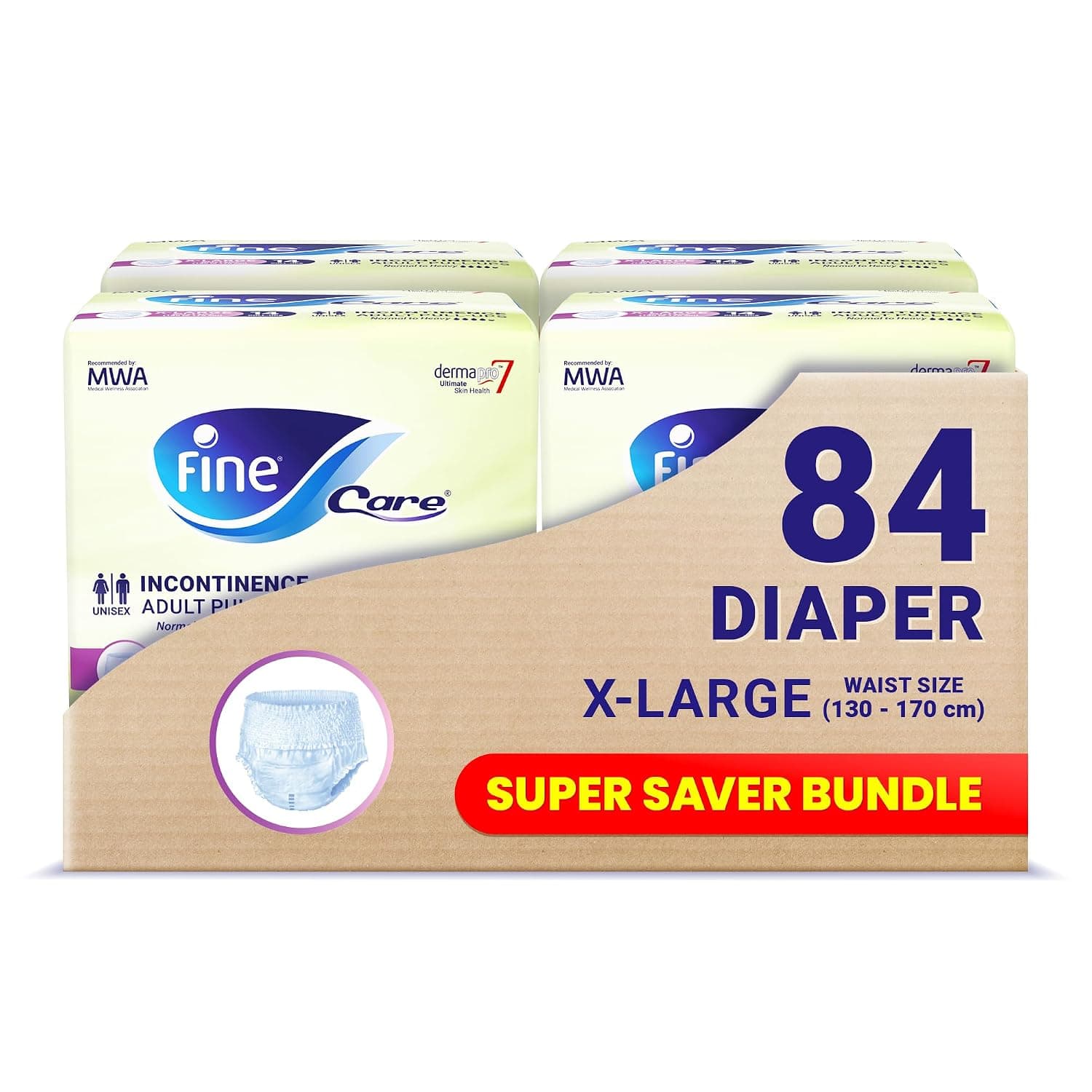 Fine Care Incontinence Unisex Adult Diaper Pull Ups Pants, X-Large, waist size 130-170 cm, 84 diapers with Maximum Absorbency and Leak Protection