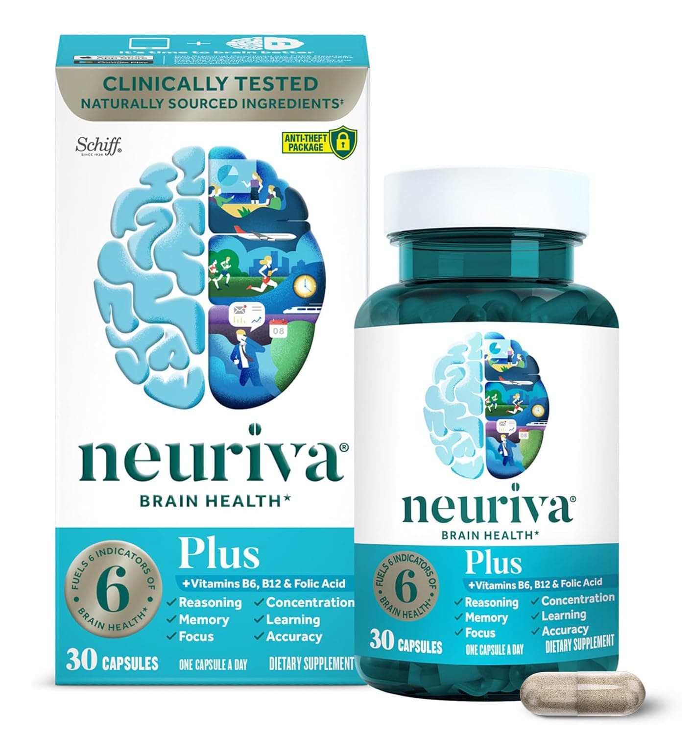 NEURIVA Plus Brain Supplement For Memory, Focus & Concentration + Cognative Function with Vitamins B6 & B12 and Clinically Tested Nootropics Phosphatidylserine and Neurofactor, 30ct Capsules | Brain Supplements for Memory and Focus, Phosphatidylserine, Vitamin B12, Vitamin B6, Neurofactor, Decaffeinated Nootropic