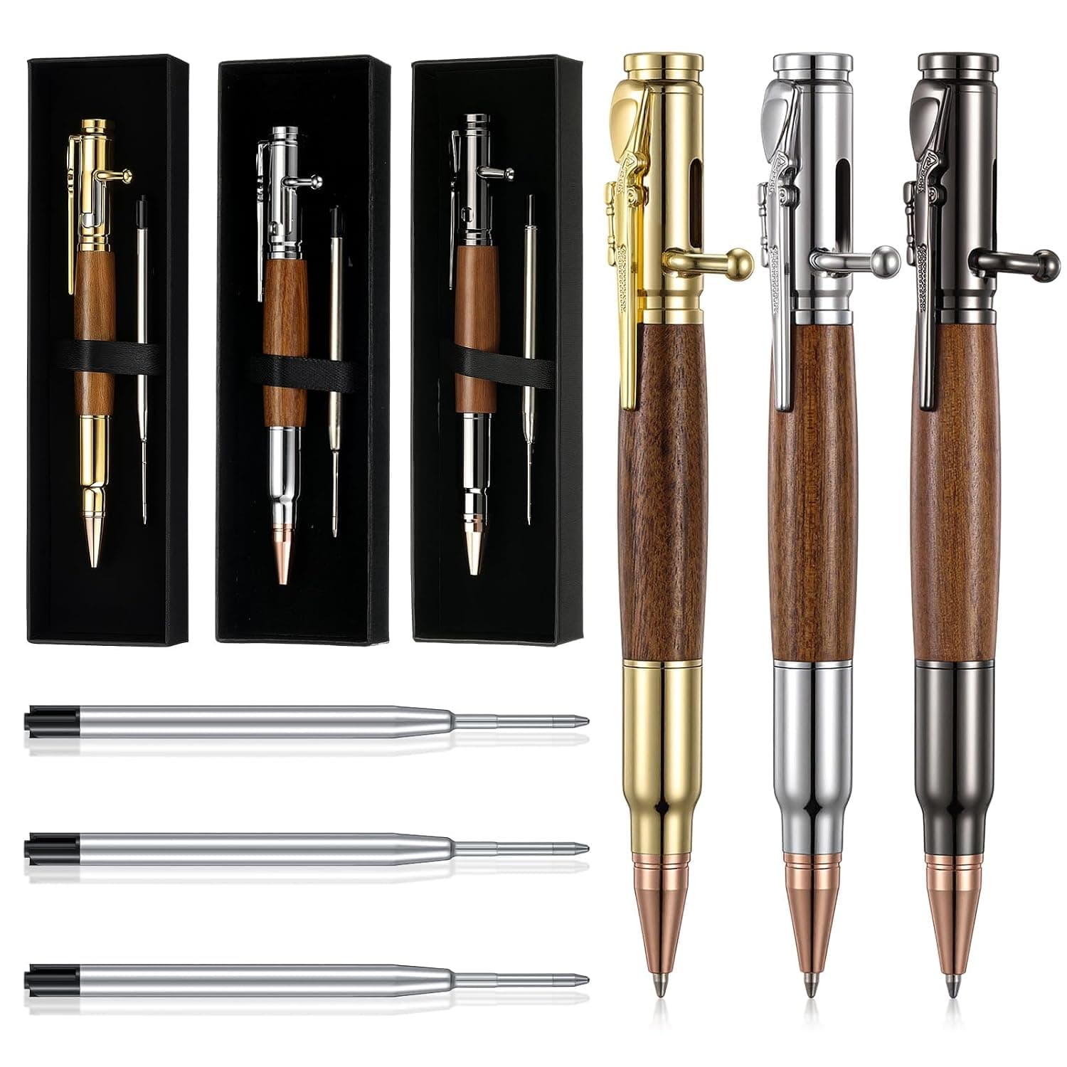 Crtiin 3 Sets Bolt Bullet Pens for Men Bullet Pen for Collector Lover with Gift Box and Black Ink Refills Christmas Thanksgiving Party Gifts (Gold Silver Black)