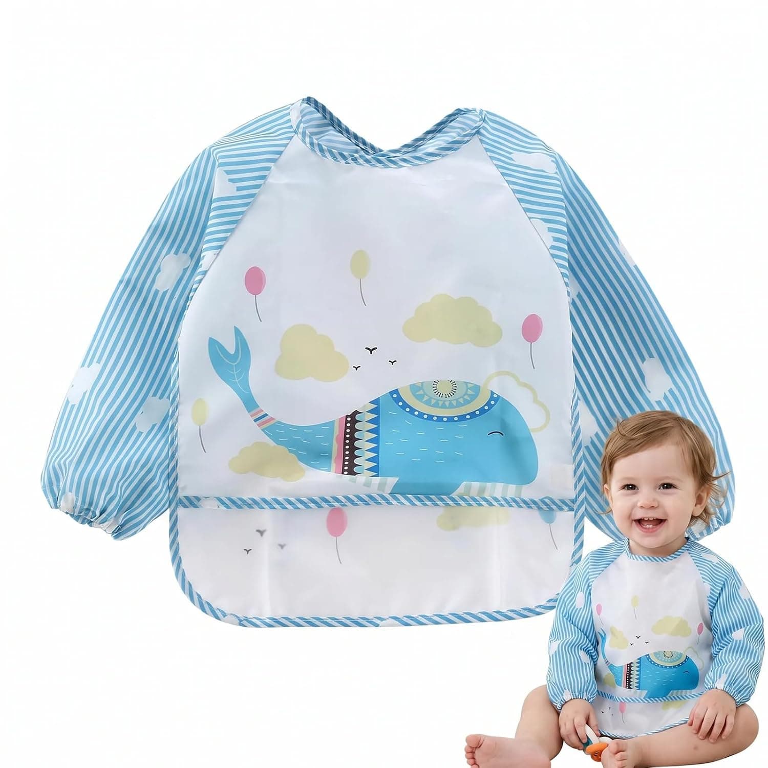 ToolHouse Waterproof Long Sleeve Baby Bib – Toddler Feeding Smock with Pocket, Reusable Full Coverage Apron for Infant 6-36 Months – Ideal for Weaning, Messy Play & Painting
