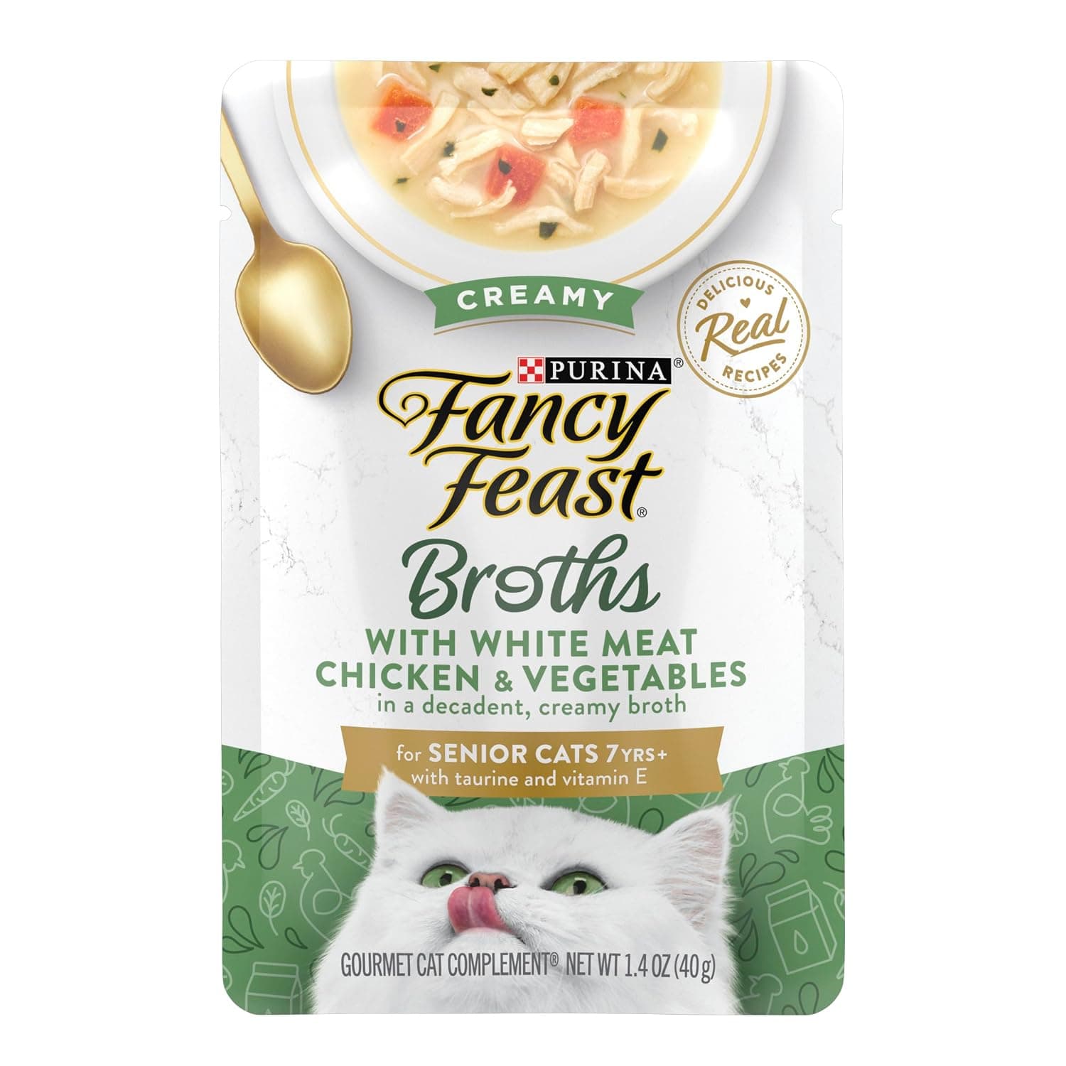 Fancy Feast Purina High Protein, Limited Ingredient Senior Wet Cat Food Complement, Broths Creamy with Chicken - (16) 1.4 oz. Pouches