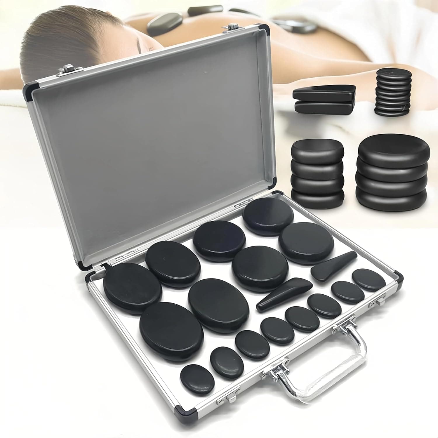 18pcs Hot Stones for Massage with Warmer, Massage Stones with Heater Kit for 4 Sizes, Hot Stone Massager for Professional or Home Spa Warming Relaxing Therapy Relief