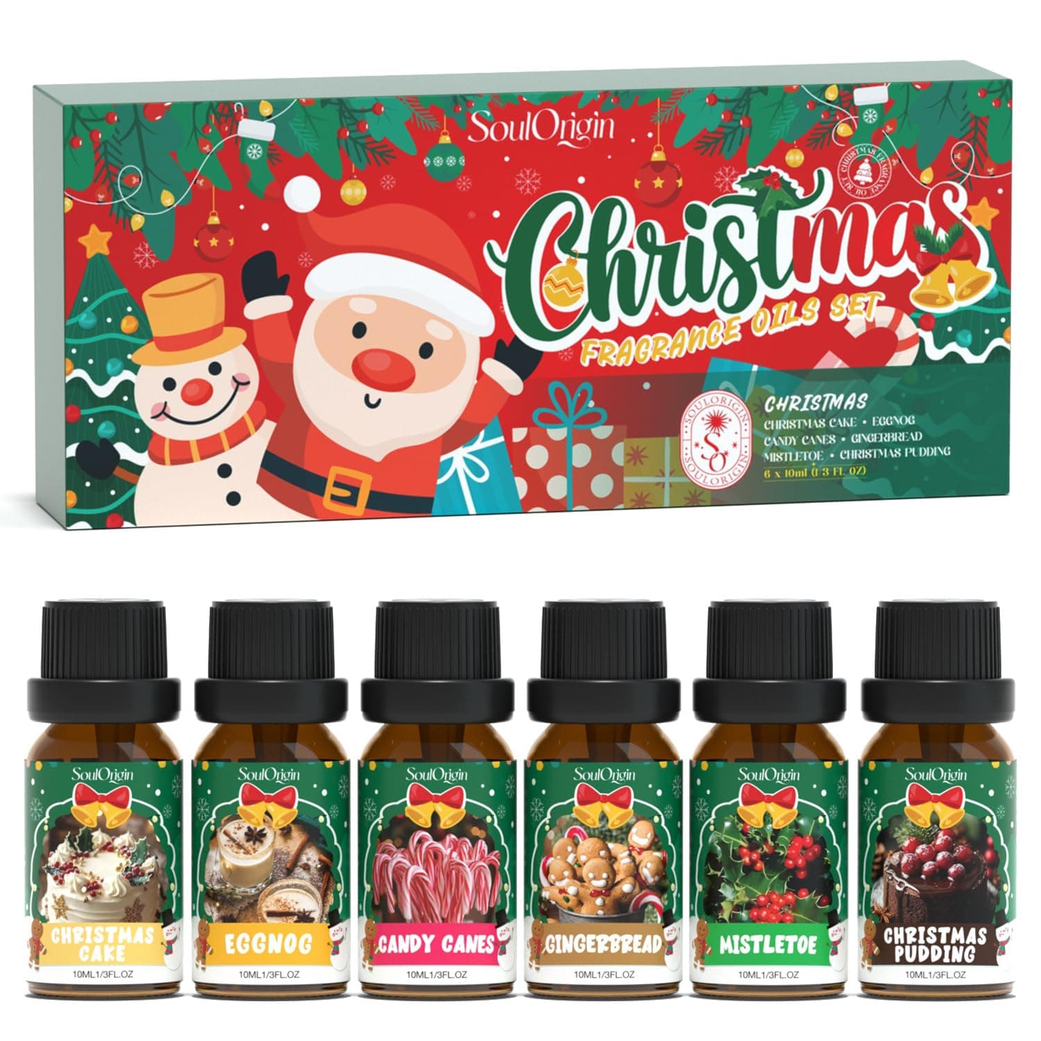 SoulOrigin Christmas Essential Oils Set, Fragrance Oil Set for Oil Diffusers, Scented Oils Candle at Home, 6 x 10 ml Eggnog, Christmas Cake, Ginger Bread, Mistletoe, Candy Sticks and Christmas Pudding