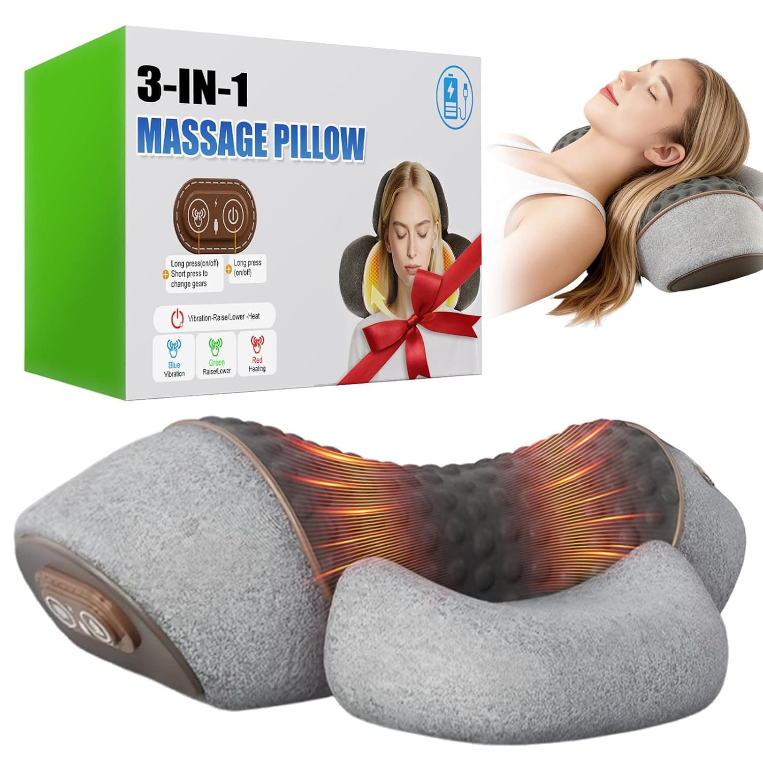 3-in-1 Neck Massager with Heat, Vibration & Traction Function, 2026 Upgrade Electric Massager Neck Massage Pillow, Relaxation Pillow for Neck for Home, Office and Travel (Grey)