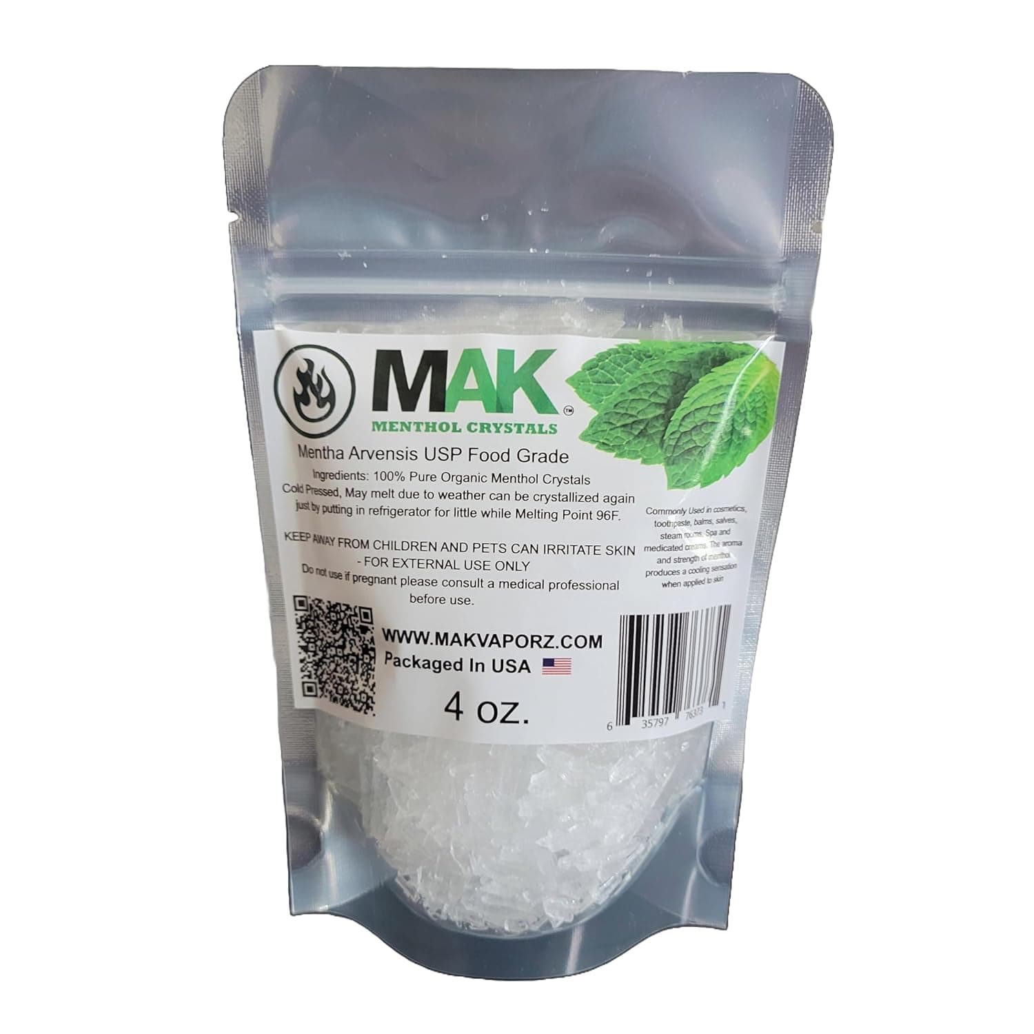 Mak Menthol Crystal 4 oz - Pure Organic 100% Natural - Menthol Crystals from Mint Crystal Mints Mentha Arvensis - Comes in Resealable Standup Bag for Long-Lasting Freshness