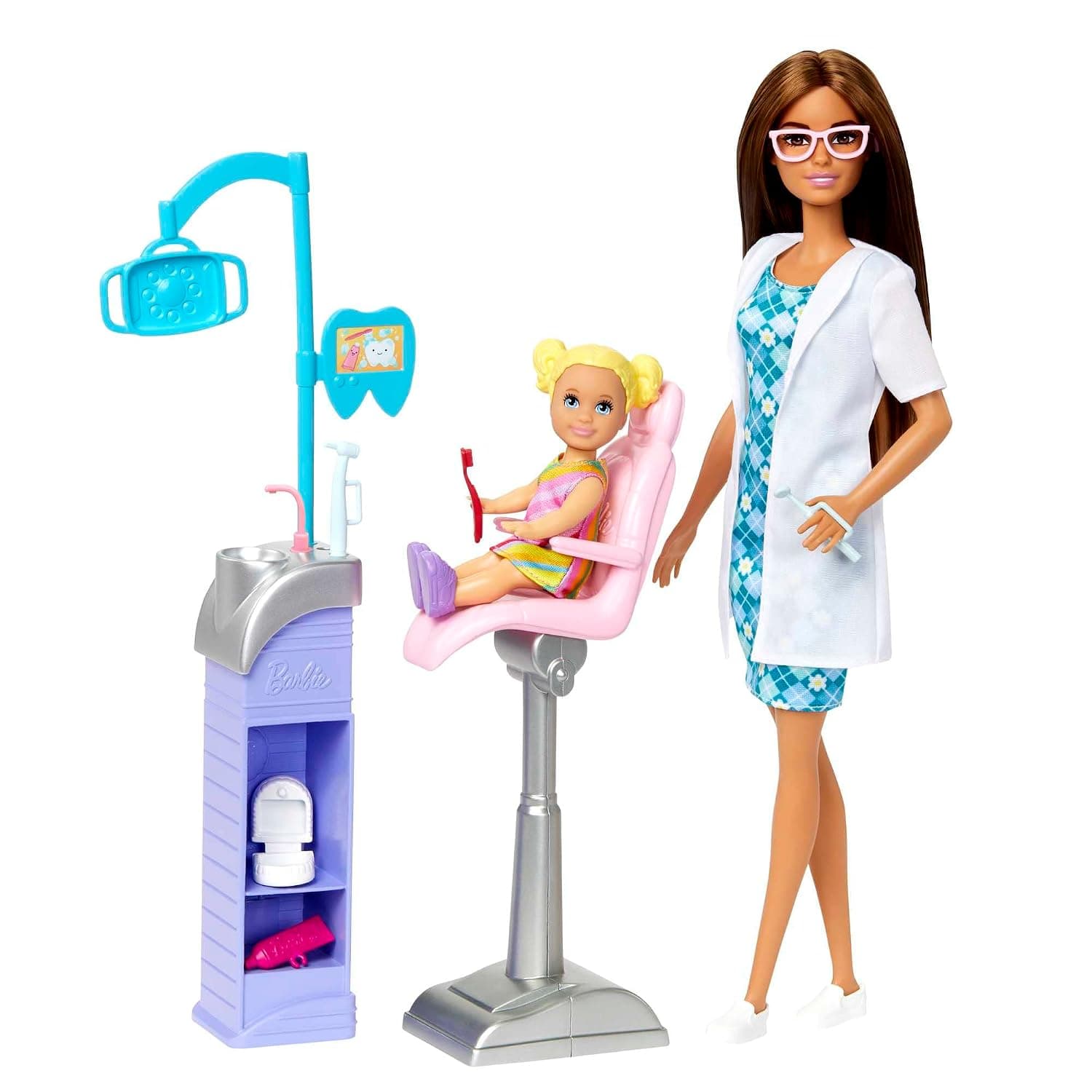 Barbie HKT70 Dentist Set with 2 Dolls, Dentist Chair, Dentist Workstation and Accessories, Children's Toy, From 3 Years Old,