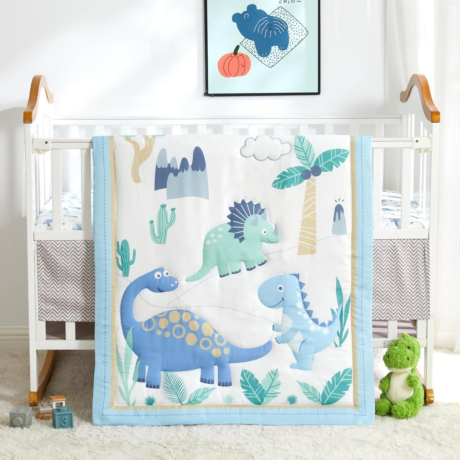 Dinosaur Crib Bedding Set for Boys Light Blue, Premium 3-Piece Baby Bedding Set, Nursery Crib Set, Newborn, Infant & Toddler Nursery Bed Set, Light Blue Dinosaur