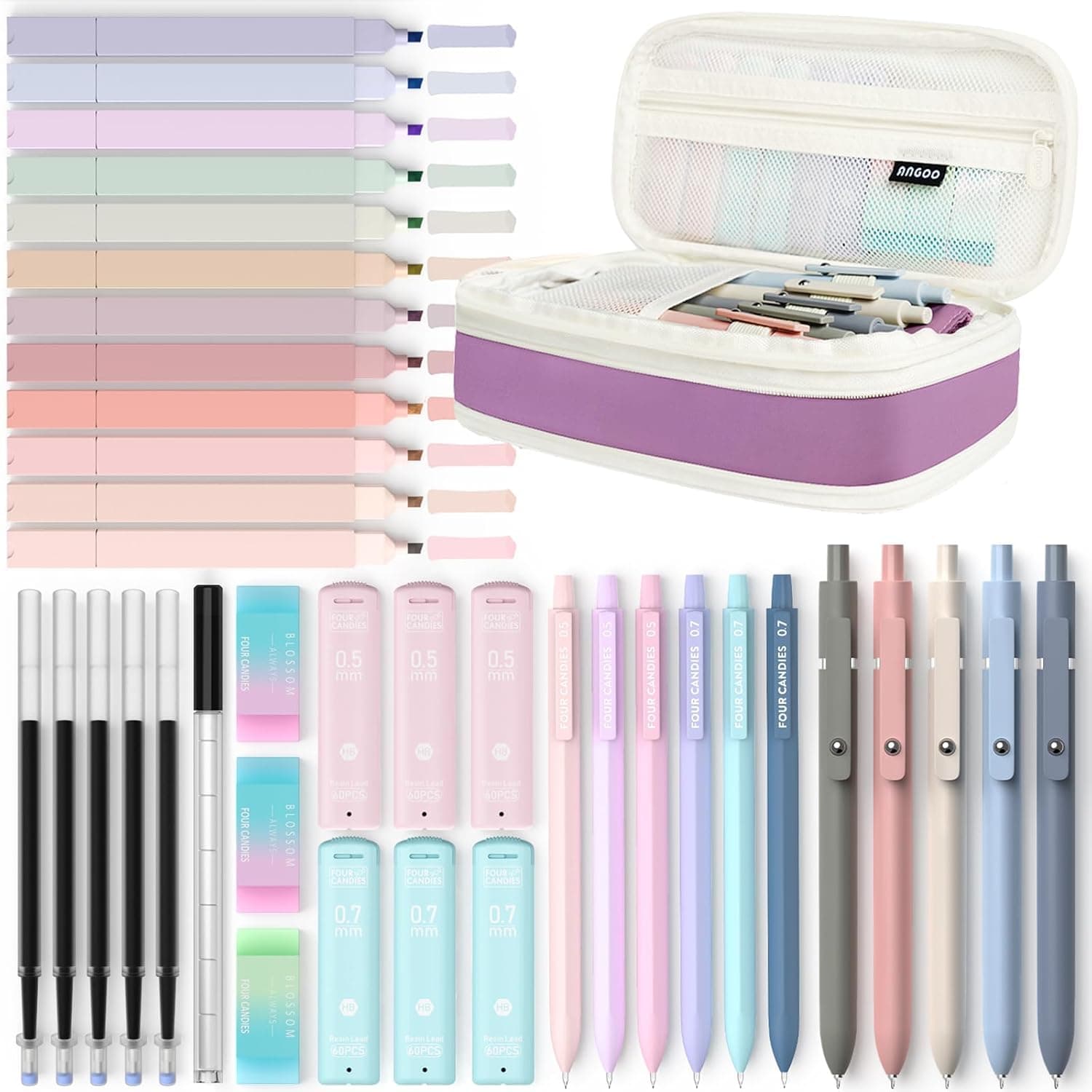Four Candies 39 PCS Aesthetic School Supplies with Cute Pen Case, 12 Pastel Highlighters, 5 Black Ink Gel Pens, 6 Mechanical Pencils Set 0.5 & 0.7mm for Students Stationary College Essentials -Purple