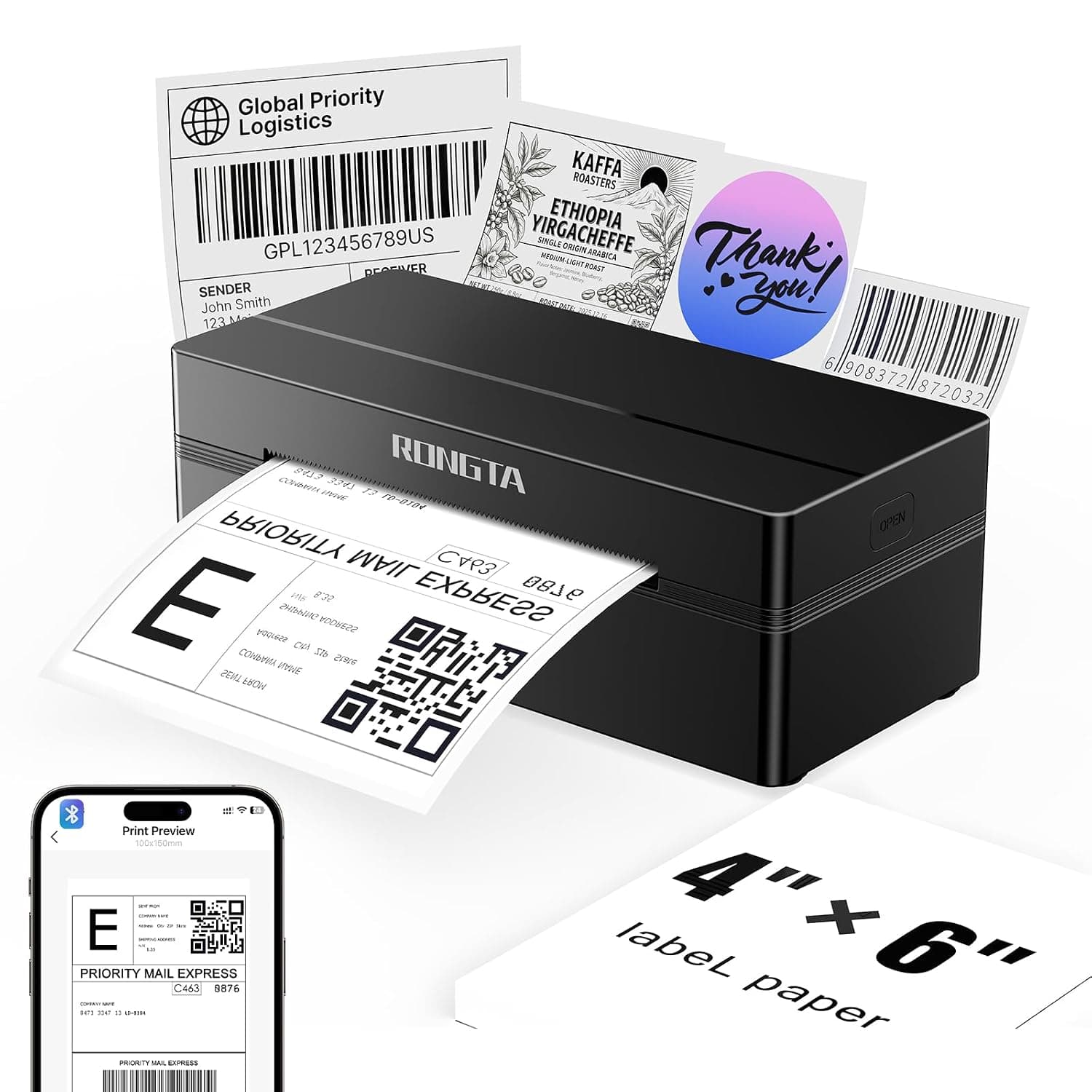 Rongta Bluetooth Shipping Label Printer, Wireless 4x6 Thermal Label Printer for Shipping Packages, Support Phones, Compatible with Windows macOS Android iOS for Small Business