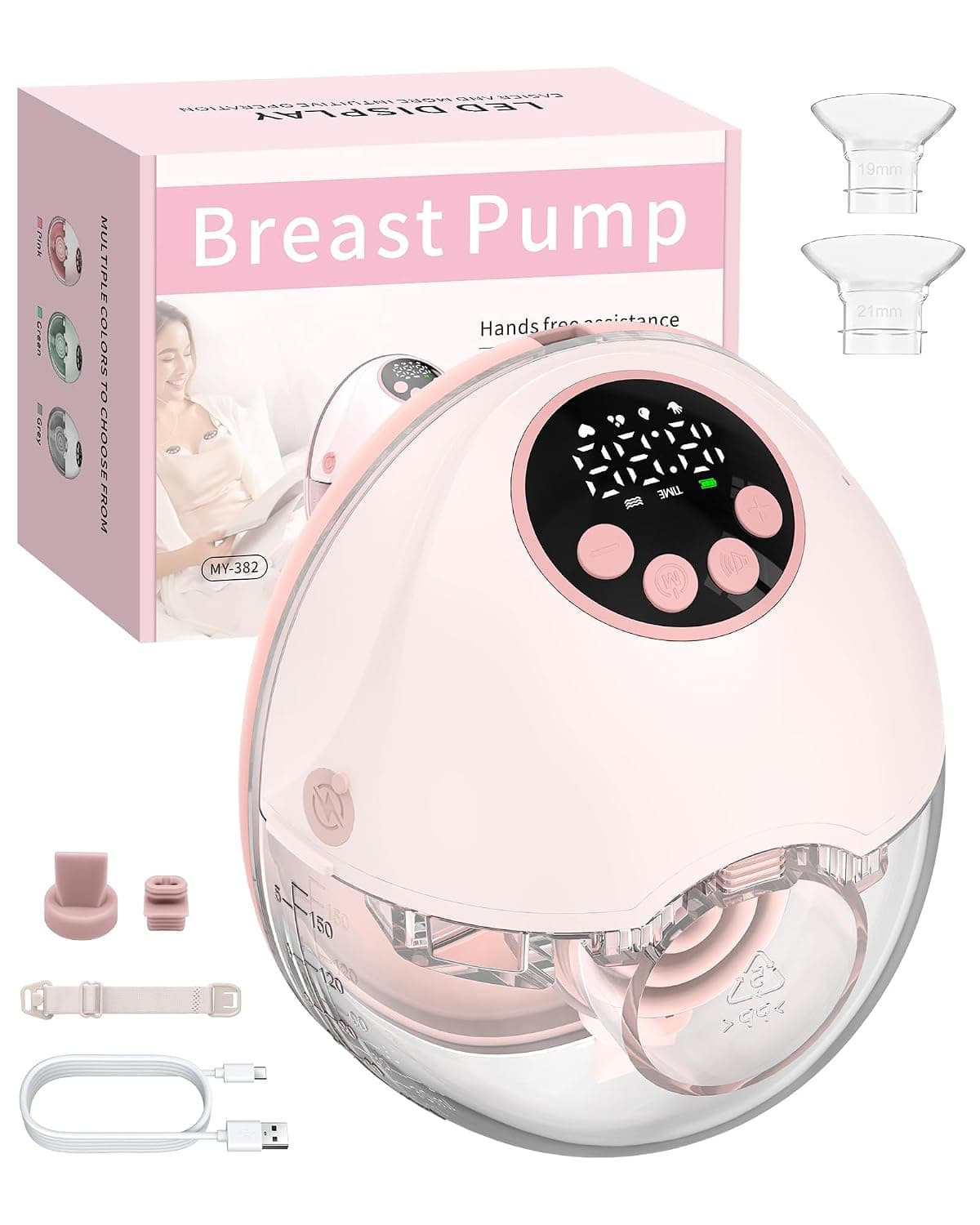 eSynic Portable Handsfree Electric Breast Pump Voice Broadcast Milk Level Detection Anti-Splash 4 Modes 12 Levels with LED Display Flange 24/21/19mm Electric Milk Pump Wireless - Pink