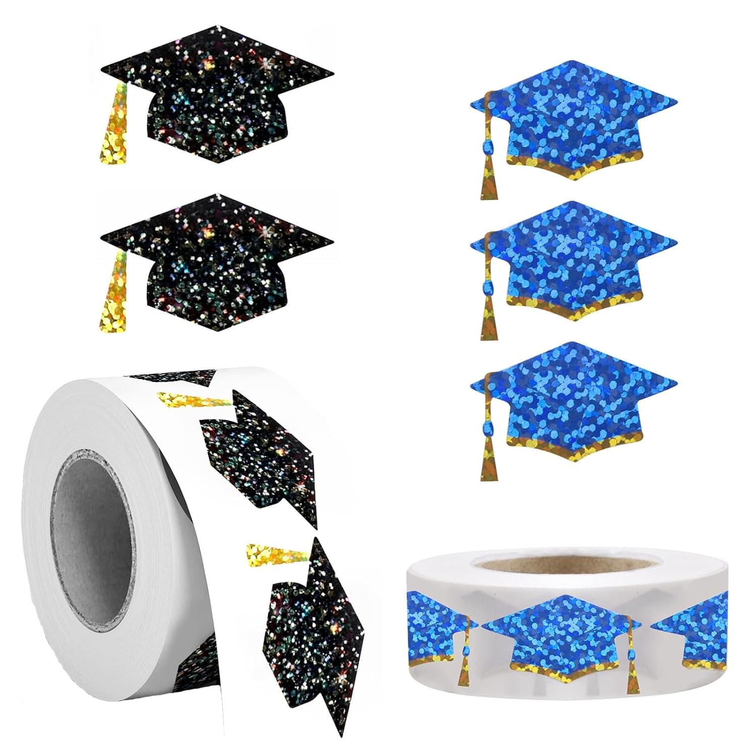 Glitter Graduation Cap Roll Stickers 2 Rolls 1000Pcs Laser Holographic Decals Paper Self Adhesive Labels for Grad Party Decor Envelope Seals Gift Wrapping Scrapbooking DIY Crafts