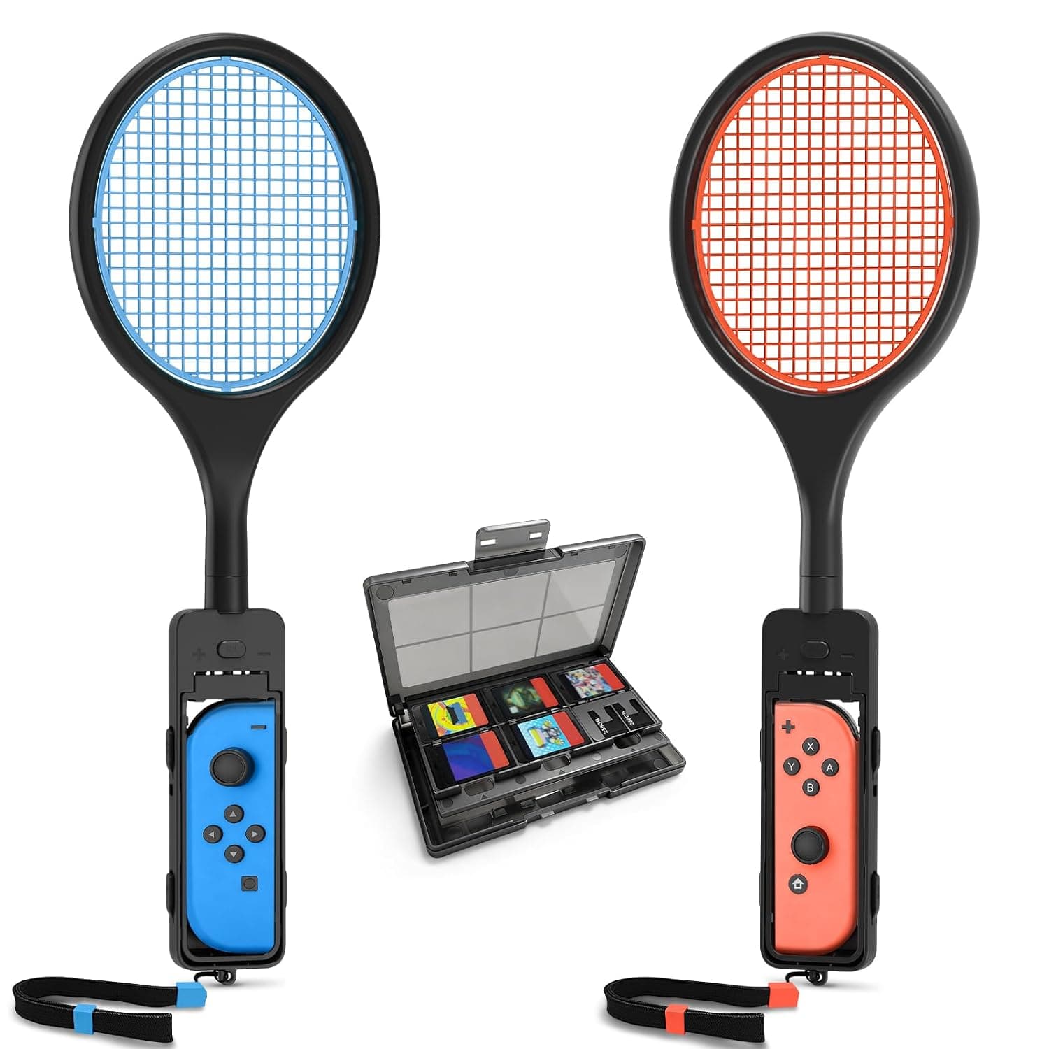 Tennis Racket for Nintendo Switch&Switch OLED Joy-Con, Tendak Grip Sports Game Accessories for Mario Tennis Aces Game with 12 in 1 Game Card Case (2 Pack, Black)