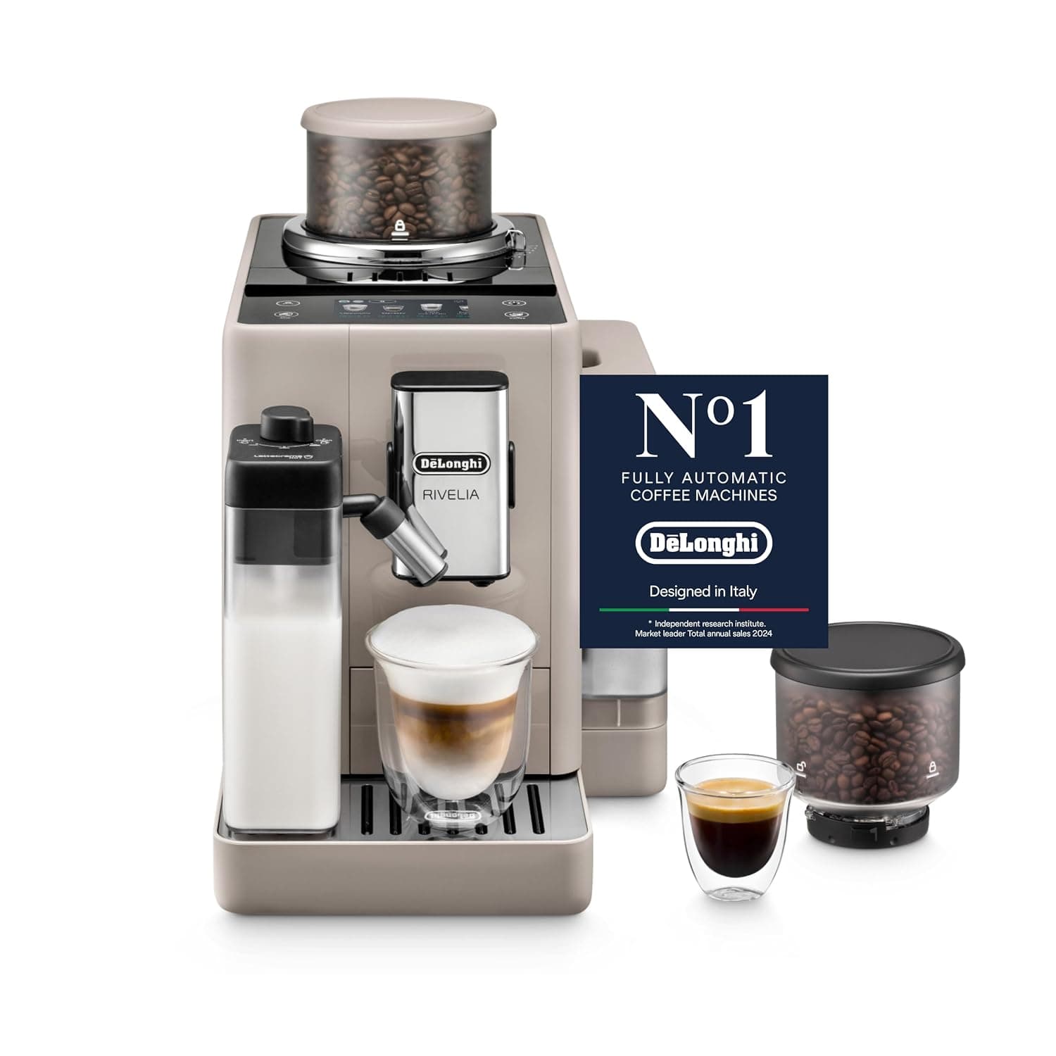 De'Longhi Rivelia Fully Automatic Coffee Machine with LatteCrema Hot, Automatic Milk Frother, Compact Size Bean to Cup Coffee Machine, 22+ Recipes, Full Touch Colored Display, EXAM440.55.BG, Beige