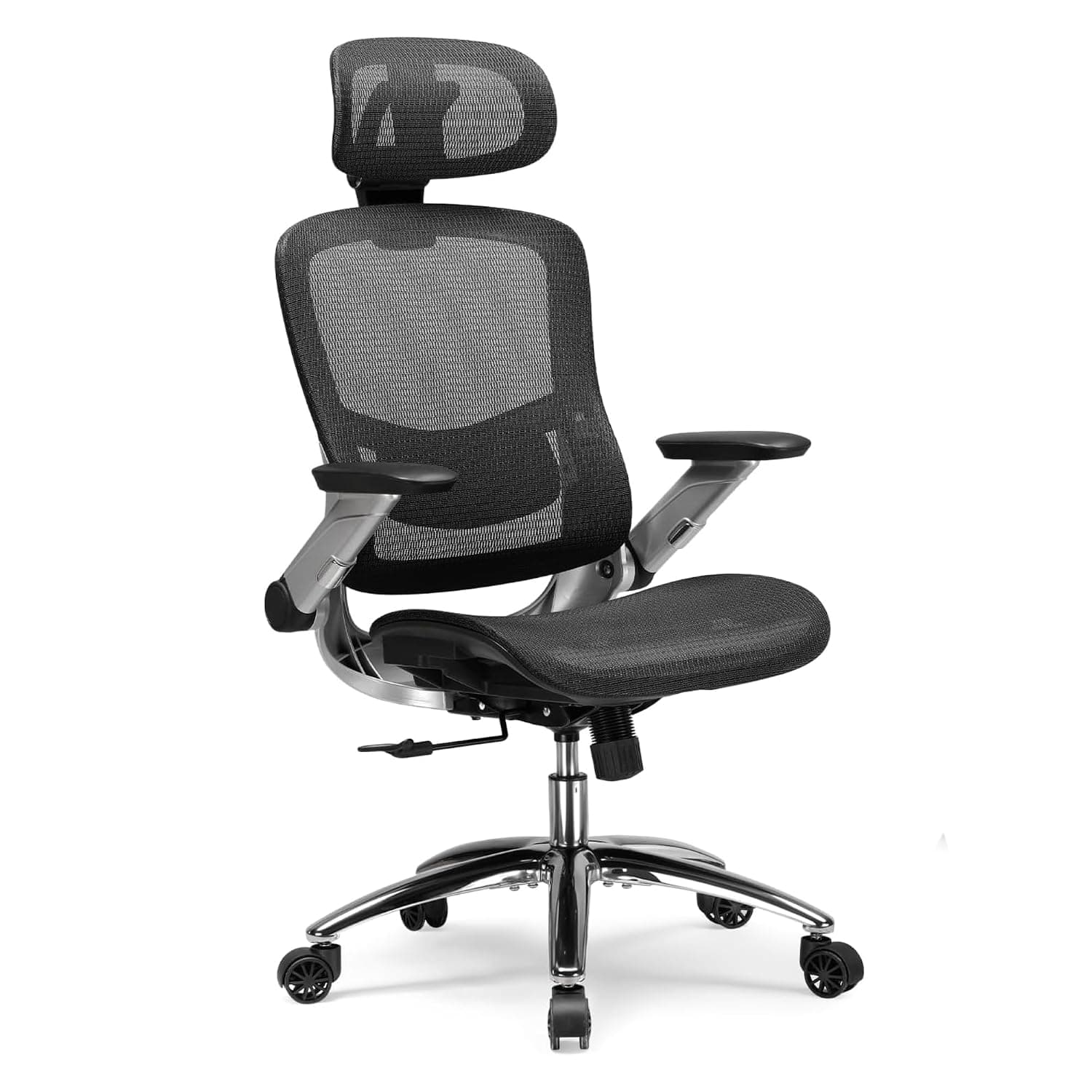 GTPLAYER Big and Tall Ergonomic High Back Home Office Desk Chair with Flip Up Armrests, Mesh Computer Study Chair with Adjustable Lumbar Support & Headrest, Executive Back-Friendly Chair - Black