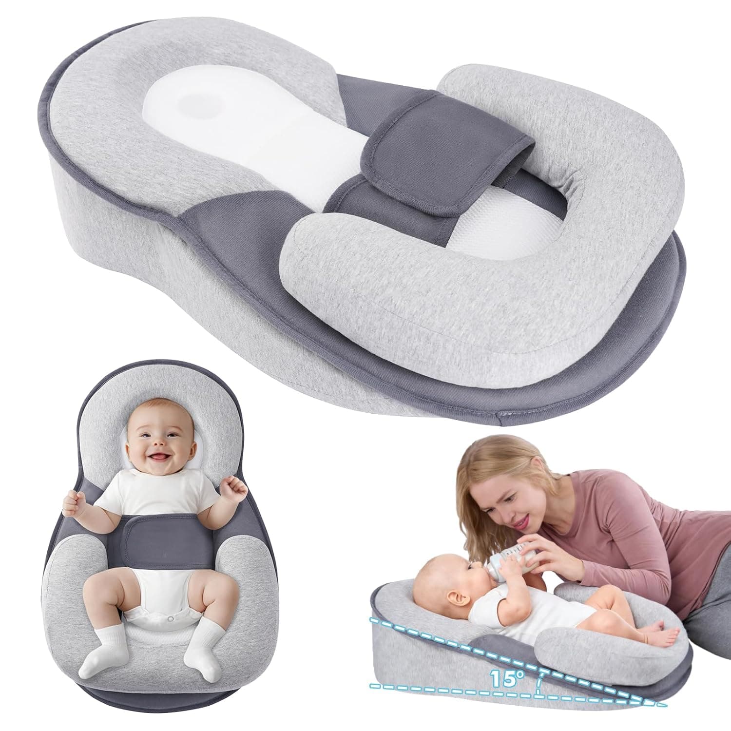 SKY-TOUCH Newborn Feeding Pillow Wedge - 15° Anti-Spit Up & Nursing Support Pillow, Baby Breastfeeding Pillow for Reflux, Soft & Breathable Grey Infant Nursing Cushion