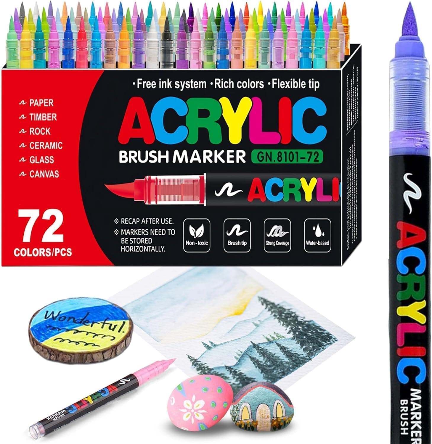 Acrylic Paint Pens, Soft Brush Tip Acrylic Markers, 72 Colors Ideal for Canvas, Rock Painting, Wood, Stone, Glass, Ceramic, Fabric Painting, DIY Crafts