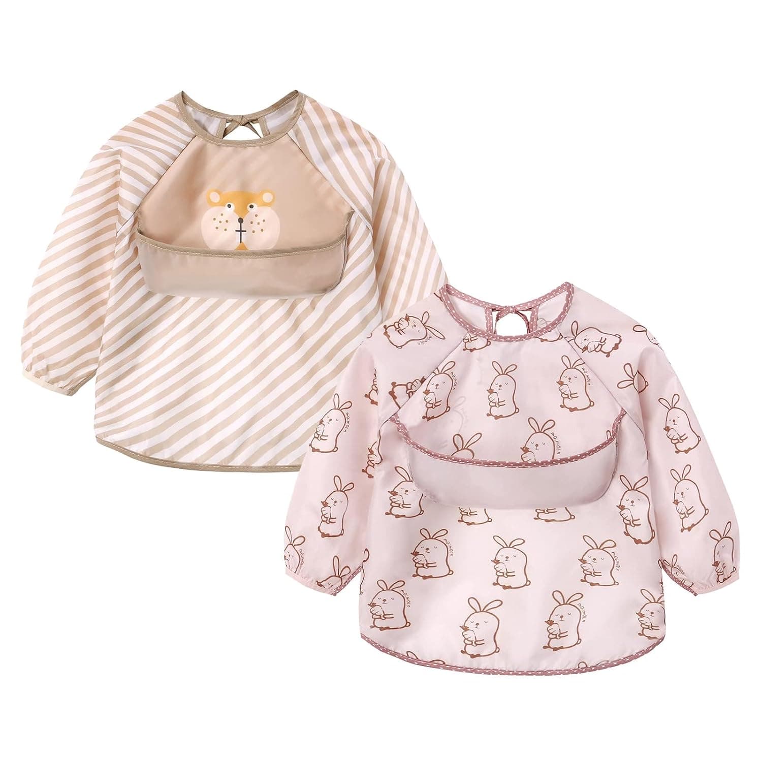 2 Pcs Baby Feeding Bibs with Sleeves Waterproof Long Sleeve, Bib Washable Weaning Bib Coverall Bib Set for Infant Toddler 6 Months to 3 Years Old, Rabbit and Squirrel