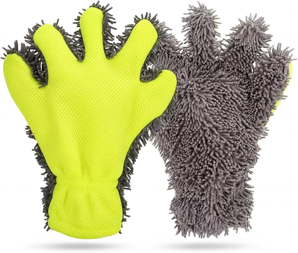 Microfiber Car Wash Mitts, Scratch-Free 5-Finger Cleaning Gloves for Auto Detailing, Thick Absorbent Wash Mitts for Interior, Exterior, Wheels, Dusting and Vehicle Care (2 Pack)