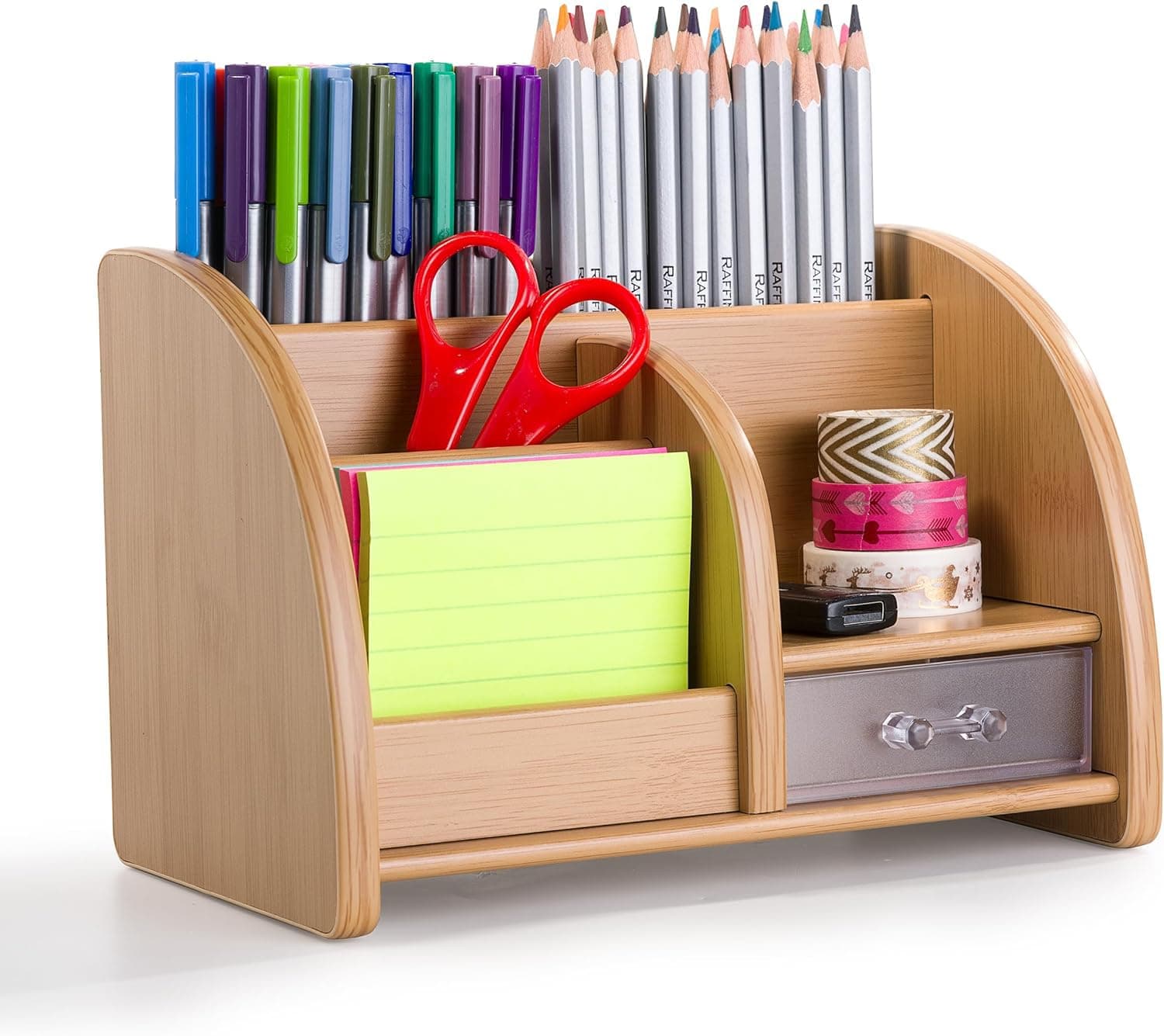 Excefore Desktop Organizer, Wooden Multifunctional Desk Storage Box with Drawer for Home Workspace Office School Supplies Accessories Stationery, Pen Holder Multiple Compartments – 5.4 x 8 x 4.7-inch