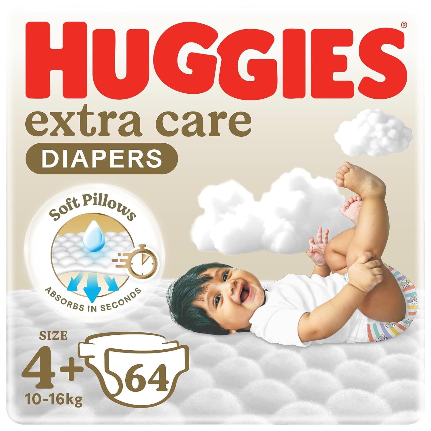 Huggies Extra Care Open Diaper Size 4+ (10-16 KG) 64 Diapers
