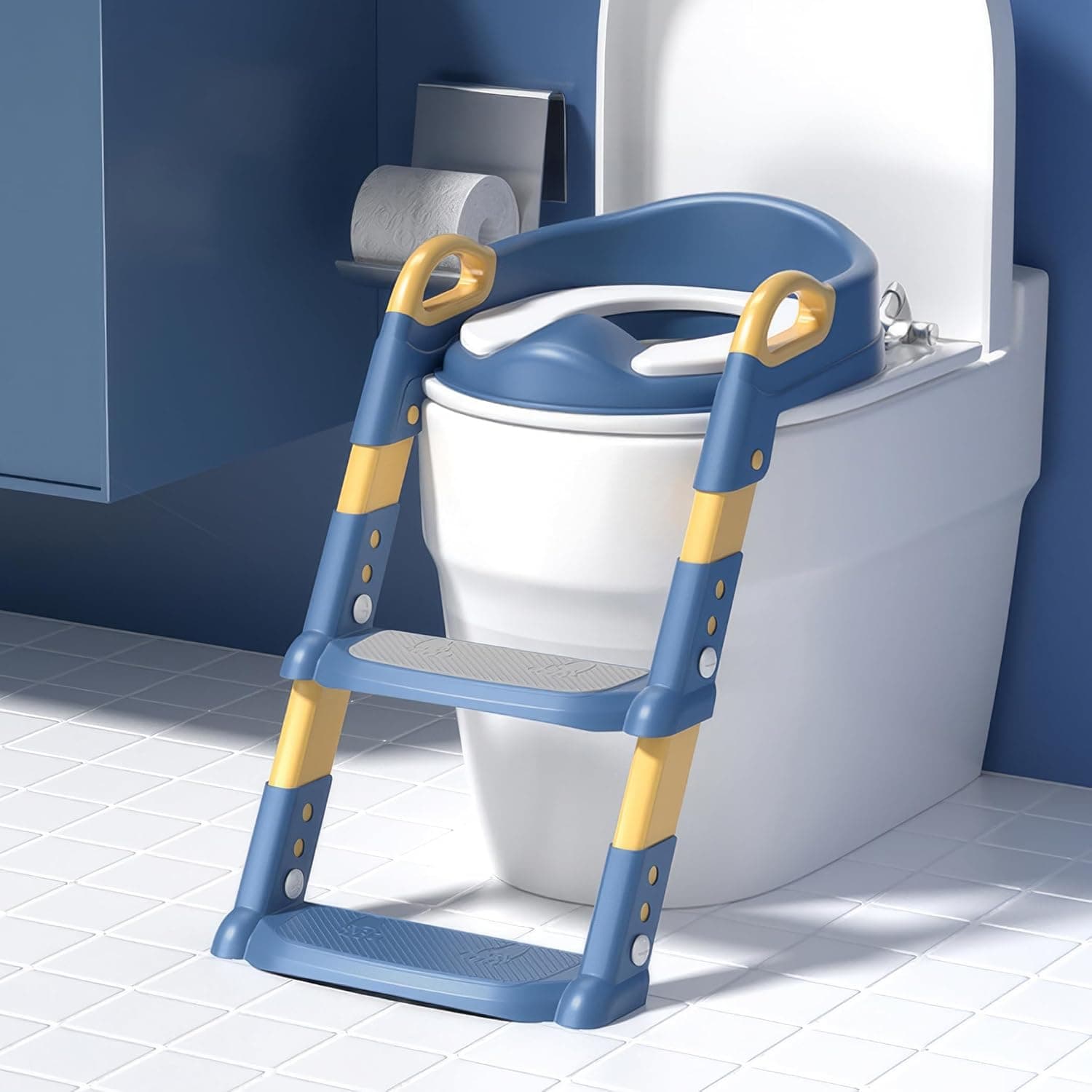 RENOVO Potty Training Seat, Toddler Step Ladder, 2 in 1 Kids Potty, Baby Seat with Splash Guard and Anti-Slip Pad and Cushion for Boys Girls, Blue