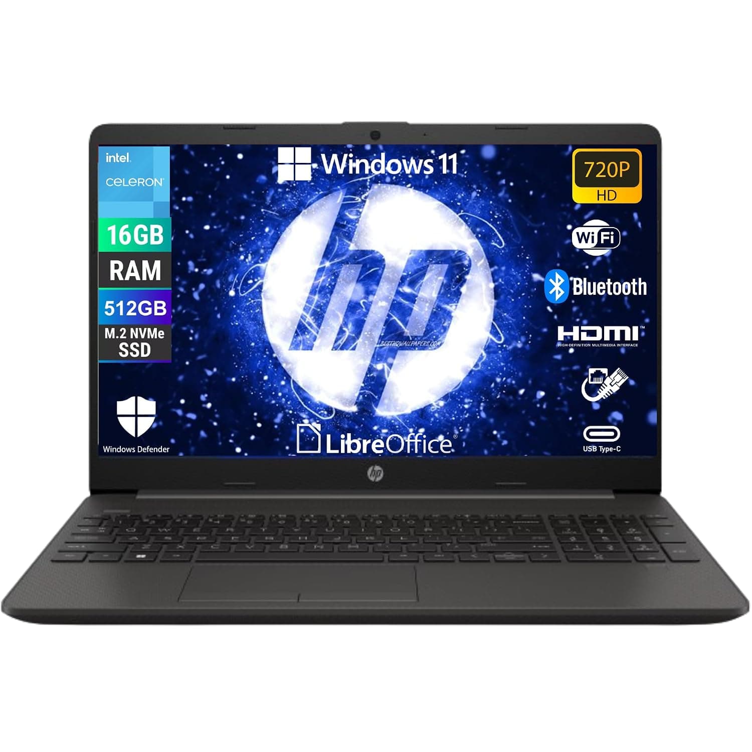 HP 250 G9, Notebook Computer, Intel N4500, 15.6" HD Display, RAM 16 GB DDR4, NVMe SSD 512 GB, W11 Pro, Libre Office Preconfigured