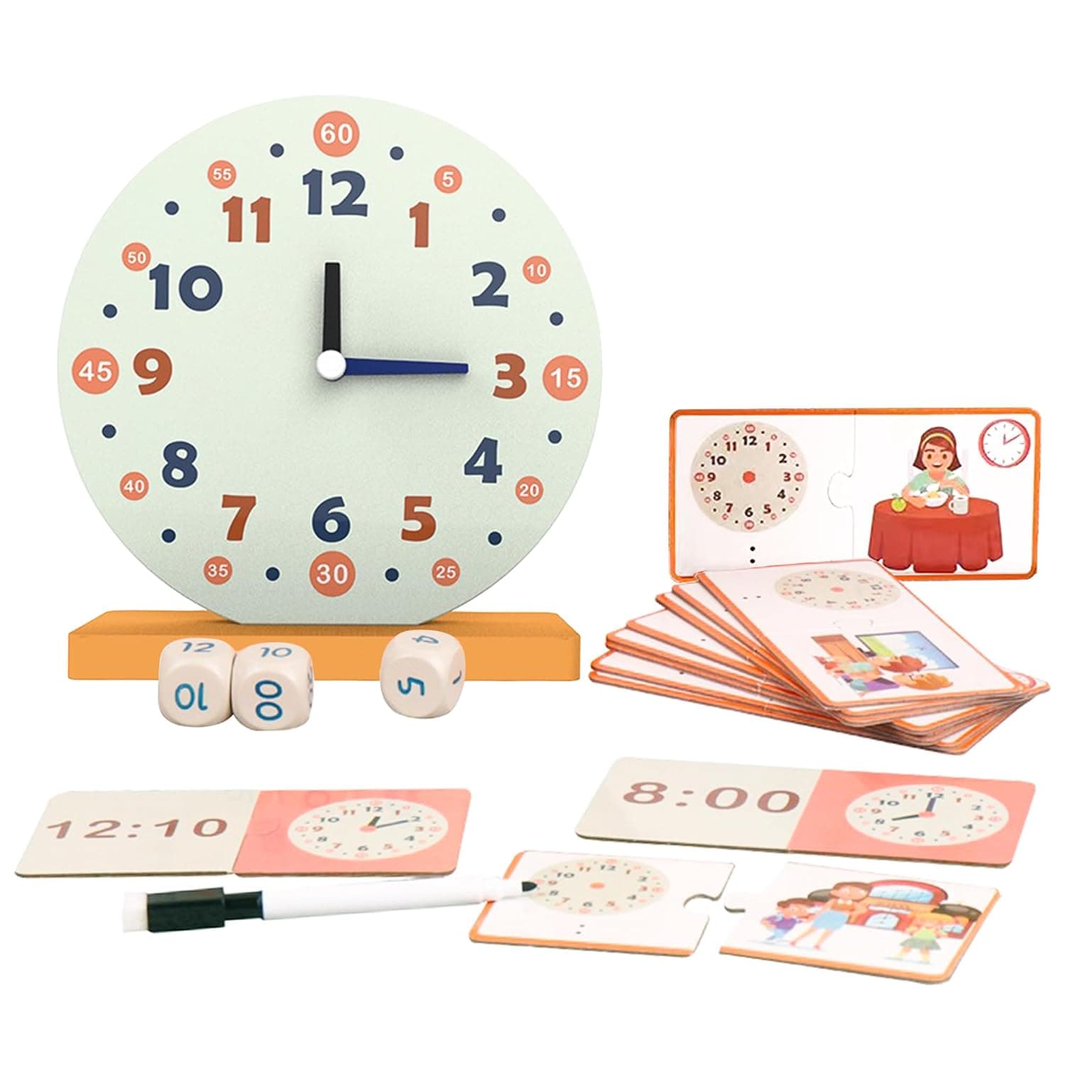 YelaJoy Learning Clock for Kids Set, Wooden Telling Time Teaching Clock with Movable Hands, Time Matching Cards, Write & Wipe Pen, Homeschool Supplies Ages 3+
