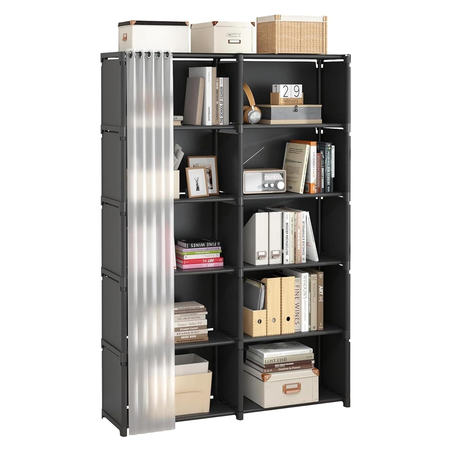 U HOOME Book Shelf with Curtain, 10 Cube Storage Organizer, DIY Bookcase, Metal Bookshelf,Tall Book cases/Shelves Black Cube Shelf, Cubbies Closet Shelves for Bedroom, Living Room,Office,Closet