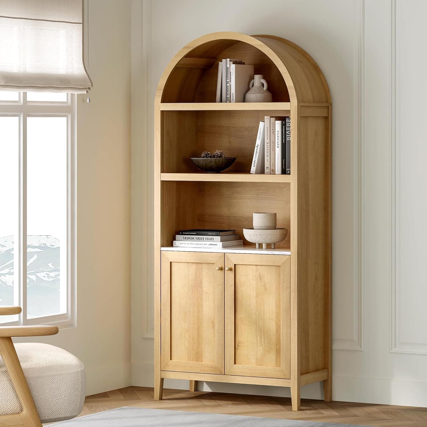 Arched Bookcase with Doors and 5 Adjustable Shelves, 180cm Farmhouse Storage Cabinet for Home Office & Living Room (Natural Oak)