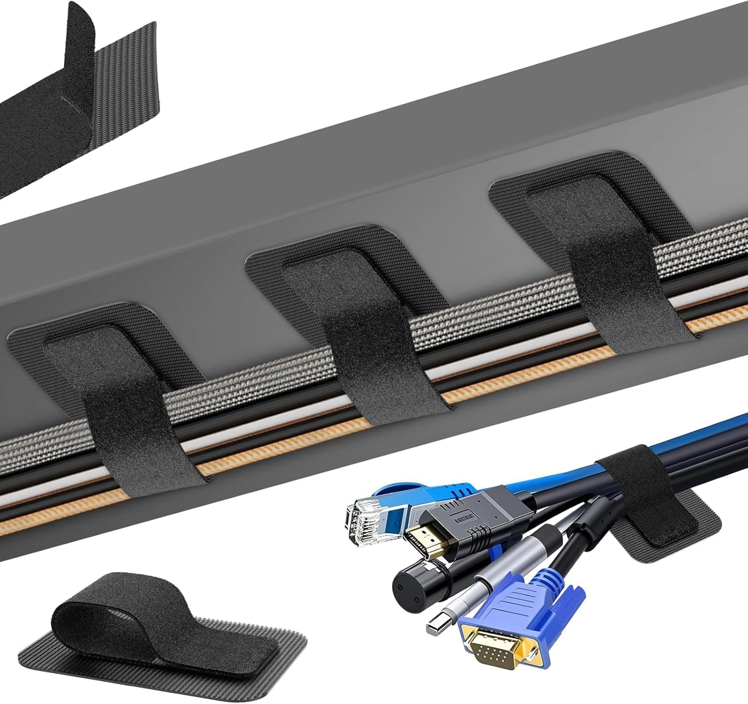50 PCS Hook and Loop Cable Ties, Under Desk Cable Management, Self Adhesive Cable Tidy Clips Straps, Sticky-Back Cord Organizer, Wire Organizer for TV PC Laptop Ethernet Desktop, Black
